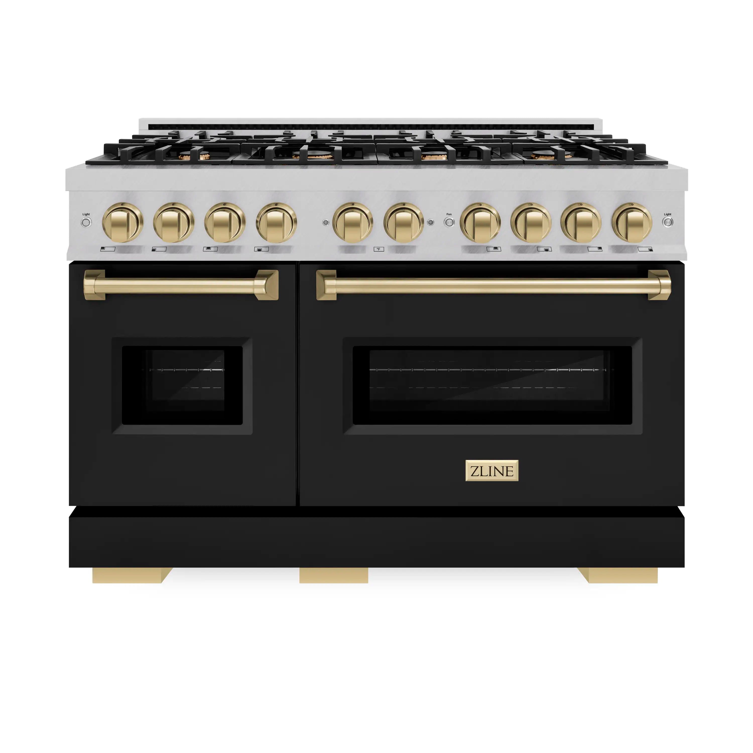 ZLINE gas range with stainless body, black matte oven doors, bronze control knobs