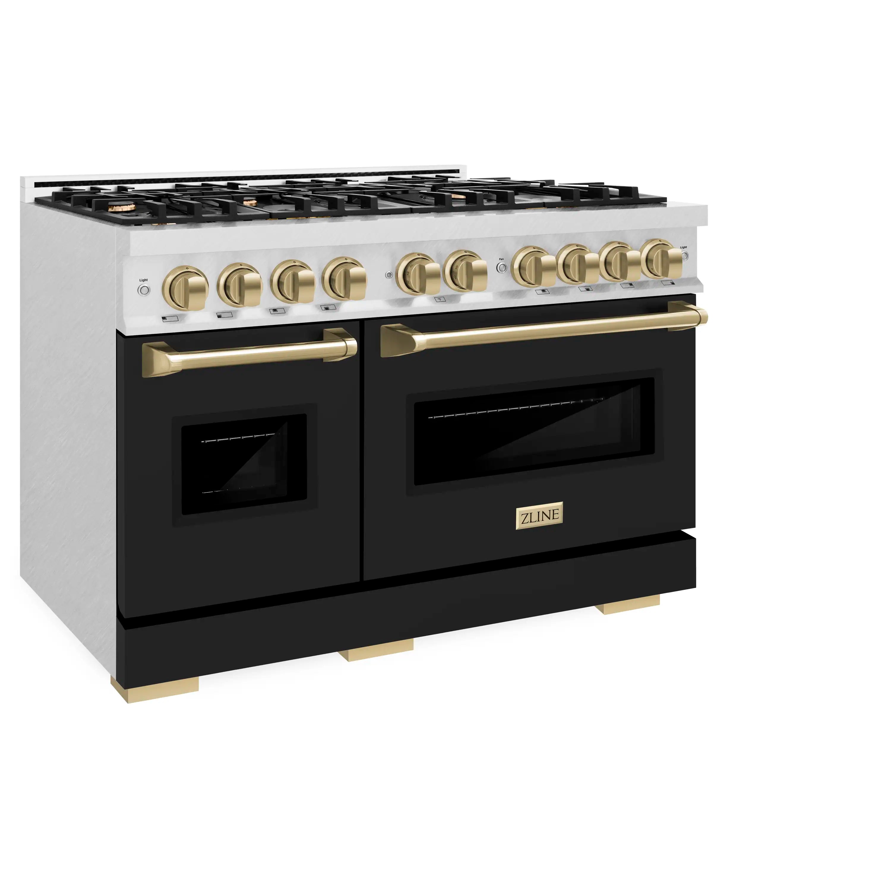 Gas range with stainless exterior, black matte doors, and bronze bar-style oven handles