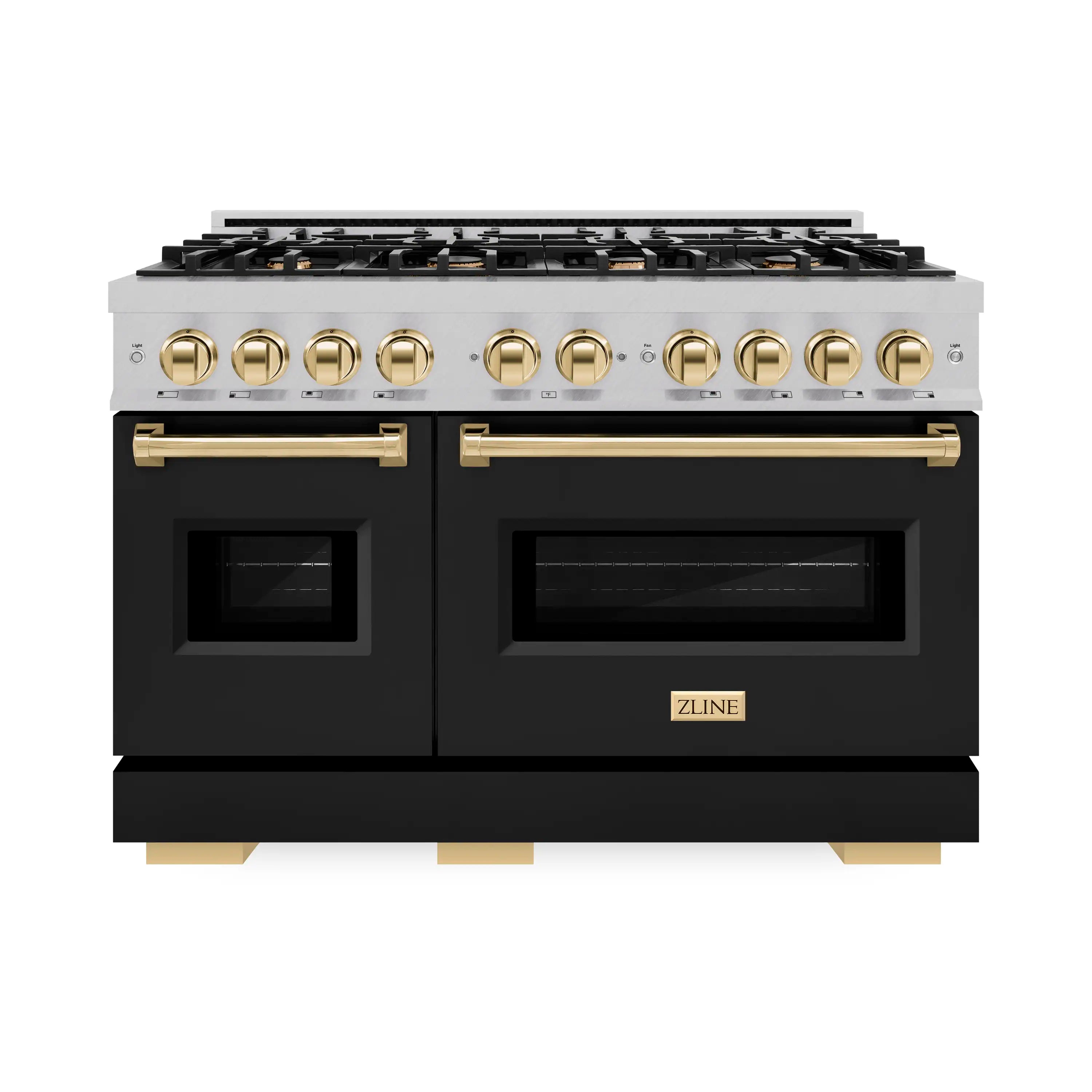 Freestanding gas range front view with gold handles, black matte doors, and brass knobs