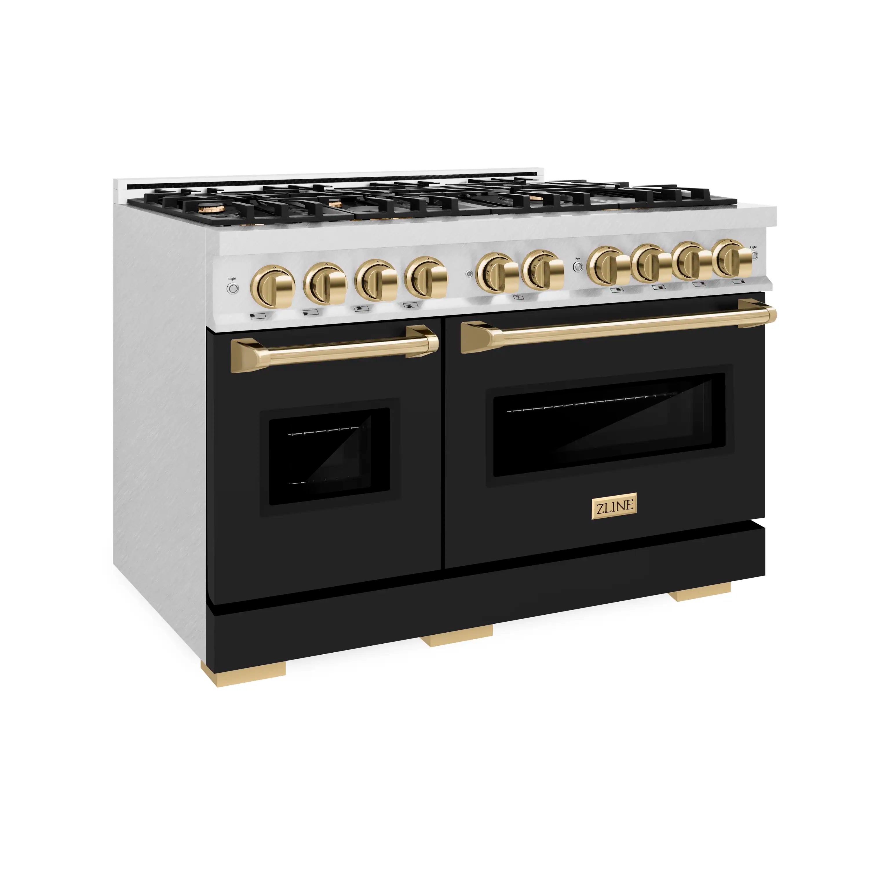 Gas range with gold trim and black matte oven doors, showing control panel and burners
