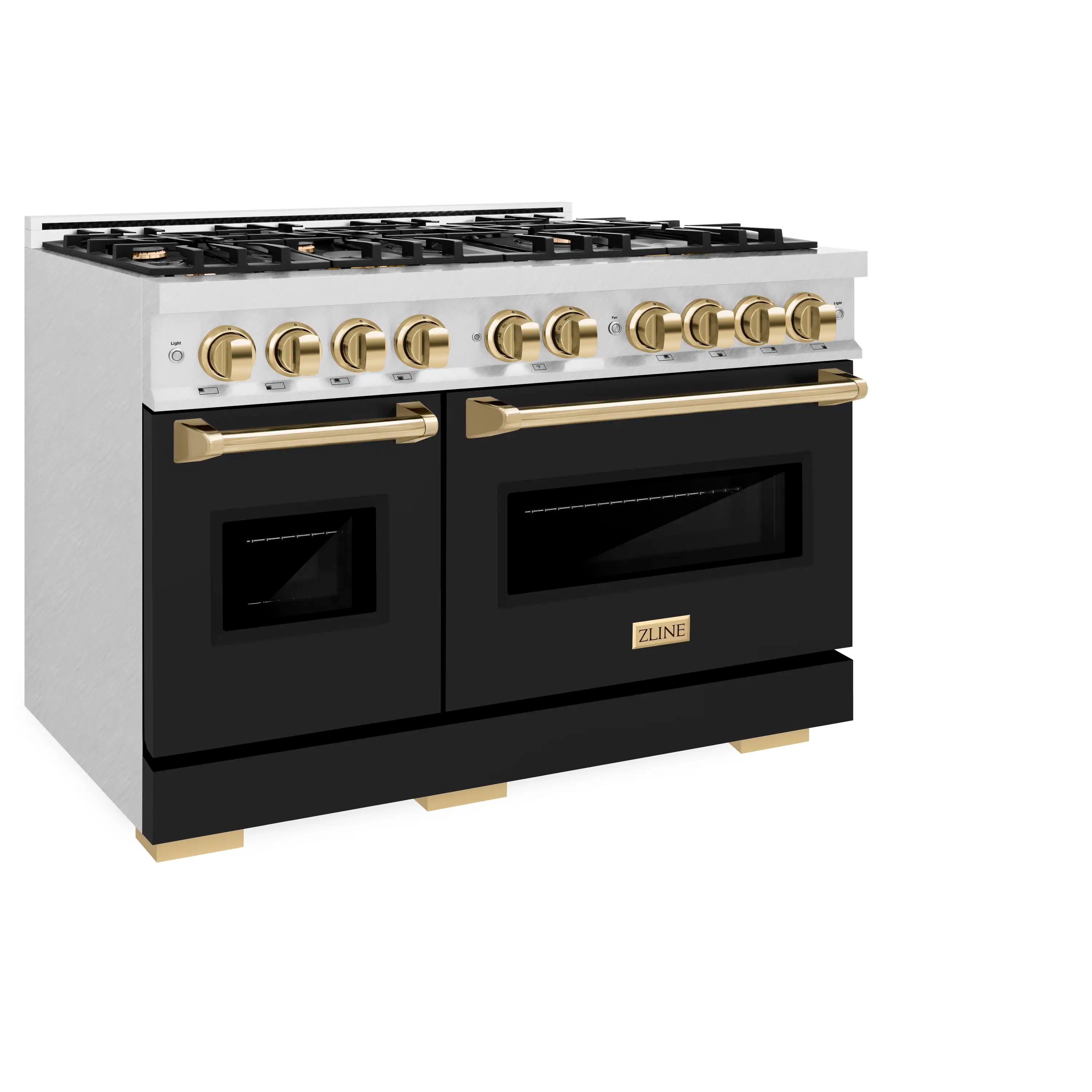 Gas range with stainless top, black doors, gold trim handles, and multiple burner knobs