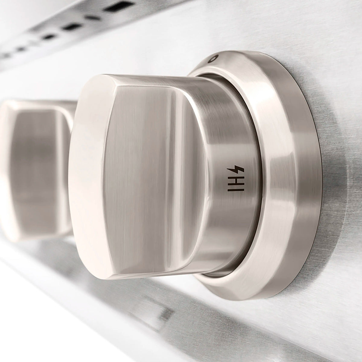 Satin stainless steel burner control knob on ZLINE gas rangetop, marked Hi