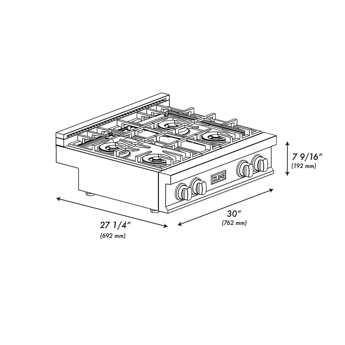 ZLINE 30-inch gas rangetop technical size diagram with four-burner layout