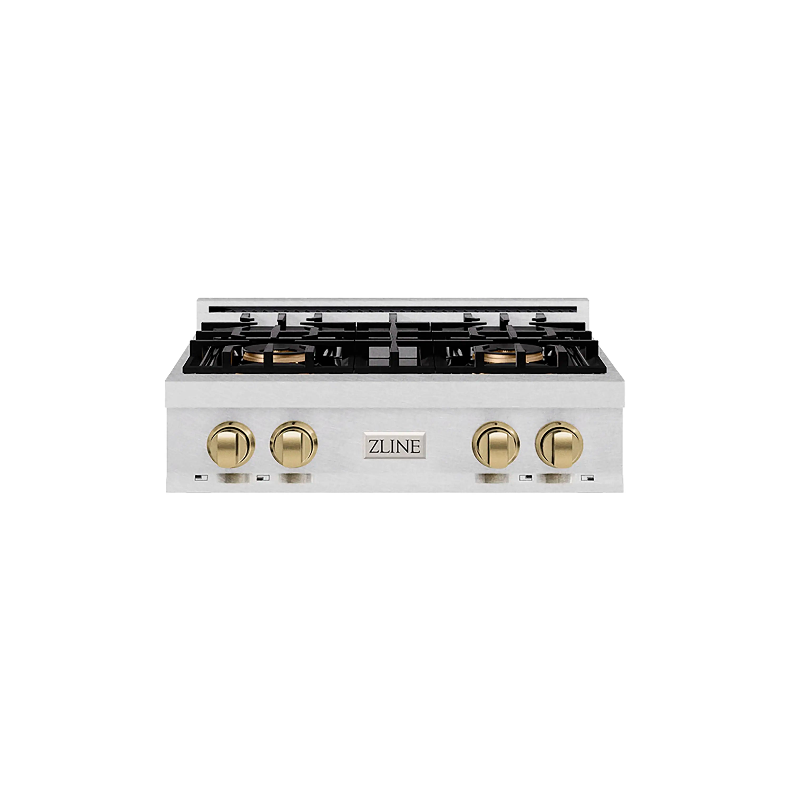 30-inch four-burner gas cooktop with stainless finish, black grates and champagne bronze knobs