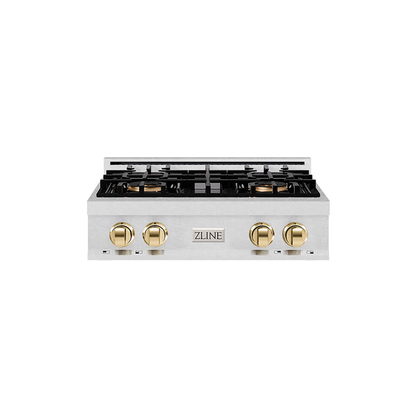 ZLINE Autograph Edition 30-Inch Classic Gas Rangetop with 4 Burner DuoPro™ Cooktop in Satin Stainless Steel and Polished Gold Accents (PCRTSZ-30-G)