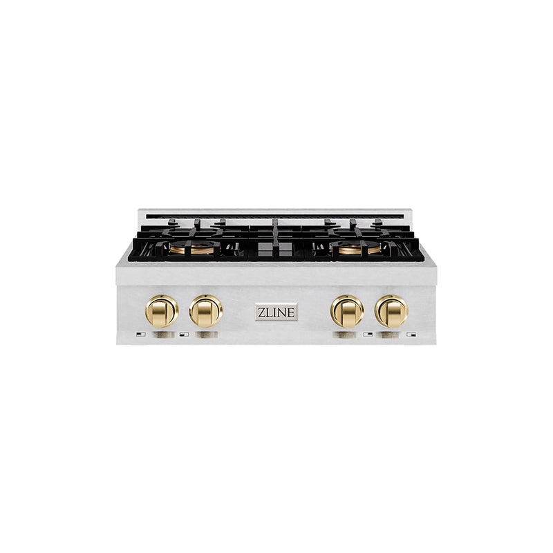 ZLINE Autograph Edition 30-Inch Classic Gas Rangetop with 4 Burner DuoPro™ Cooktop in Satin Stainless Steel and Polished Gold Accents (PCRTSZ-30-G)