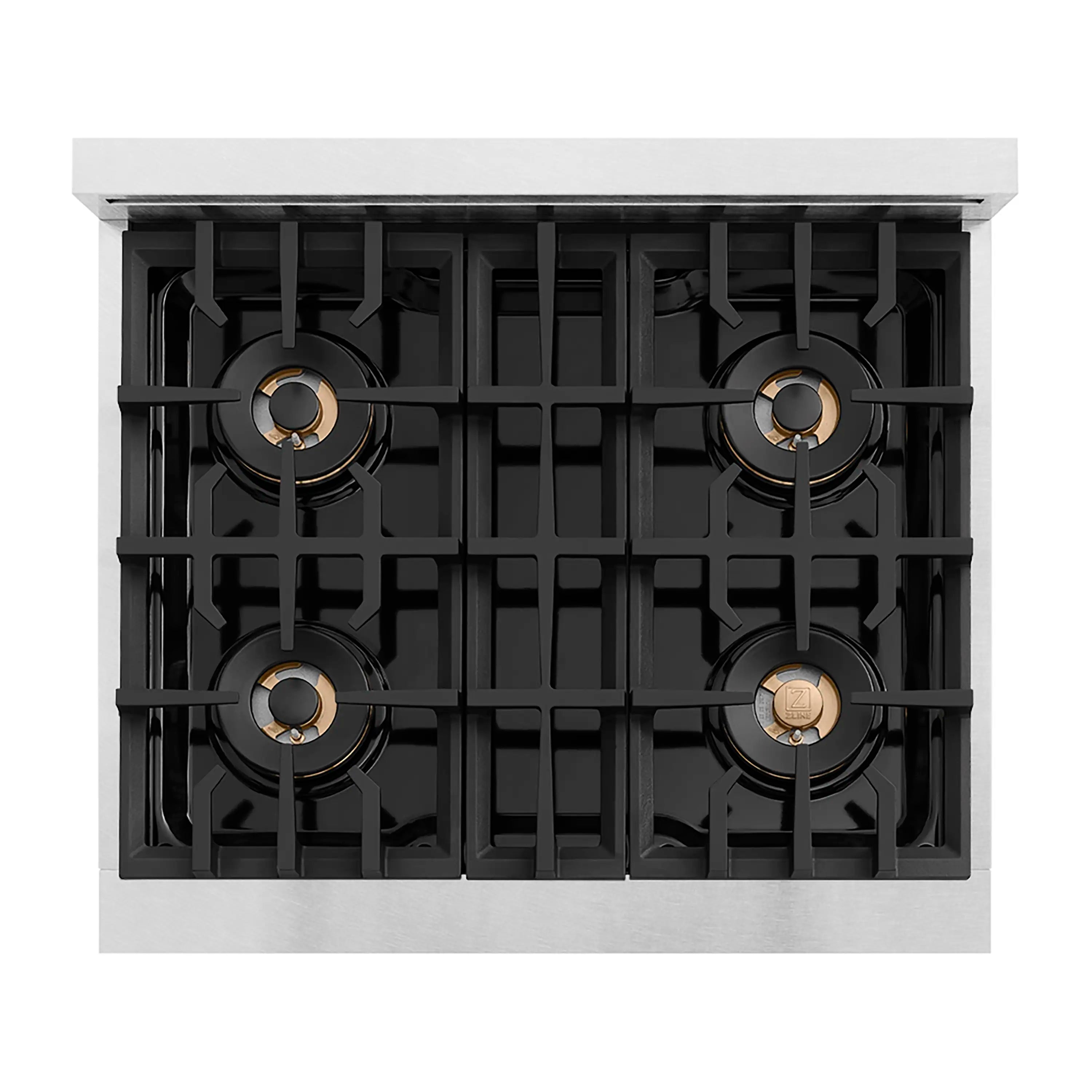 Top view gas cooktop with four burners, black grates, and gold-ring burner caps