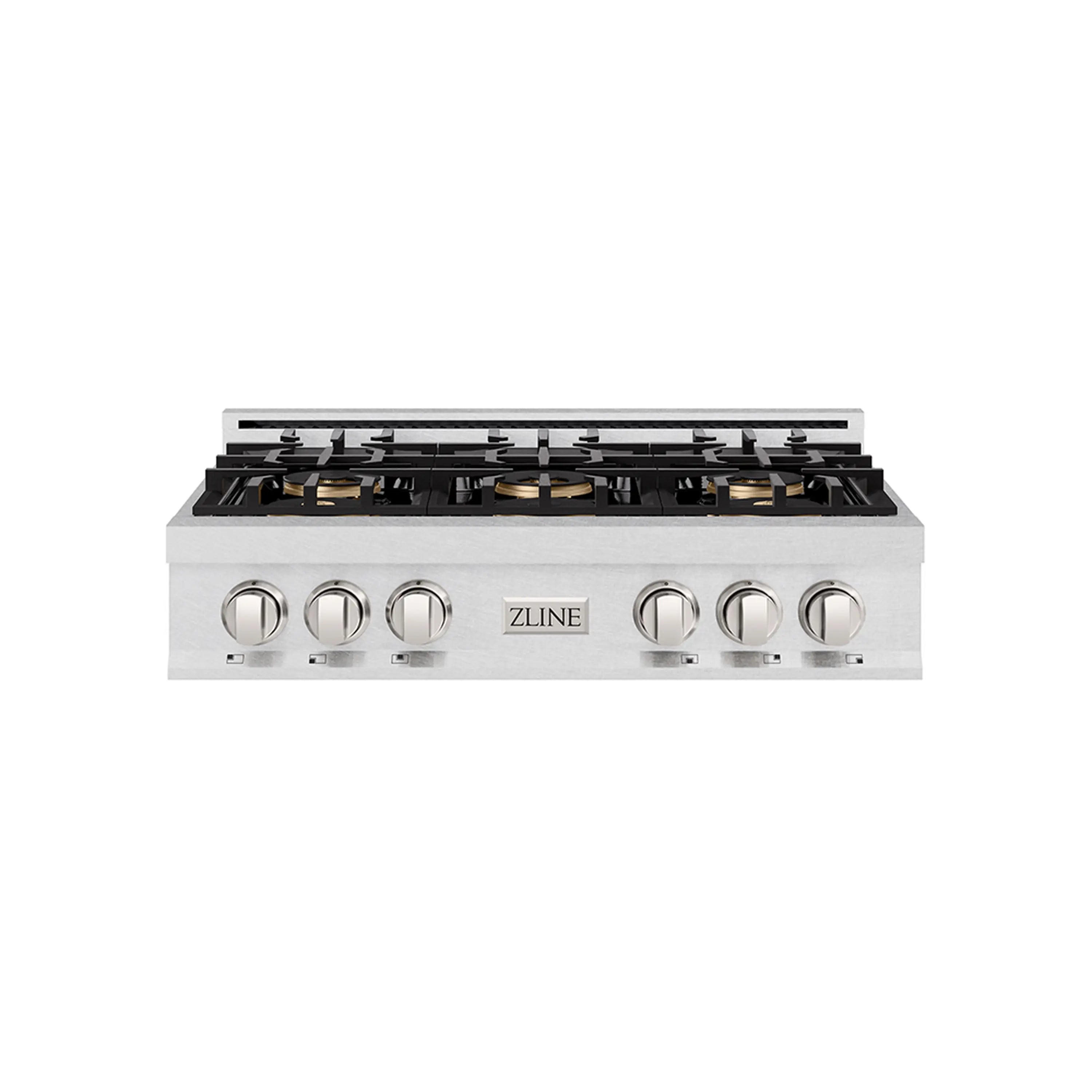 Satin stainless steel 6-burner gas rangetop with black grates and round control knobs