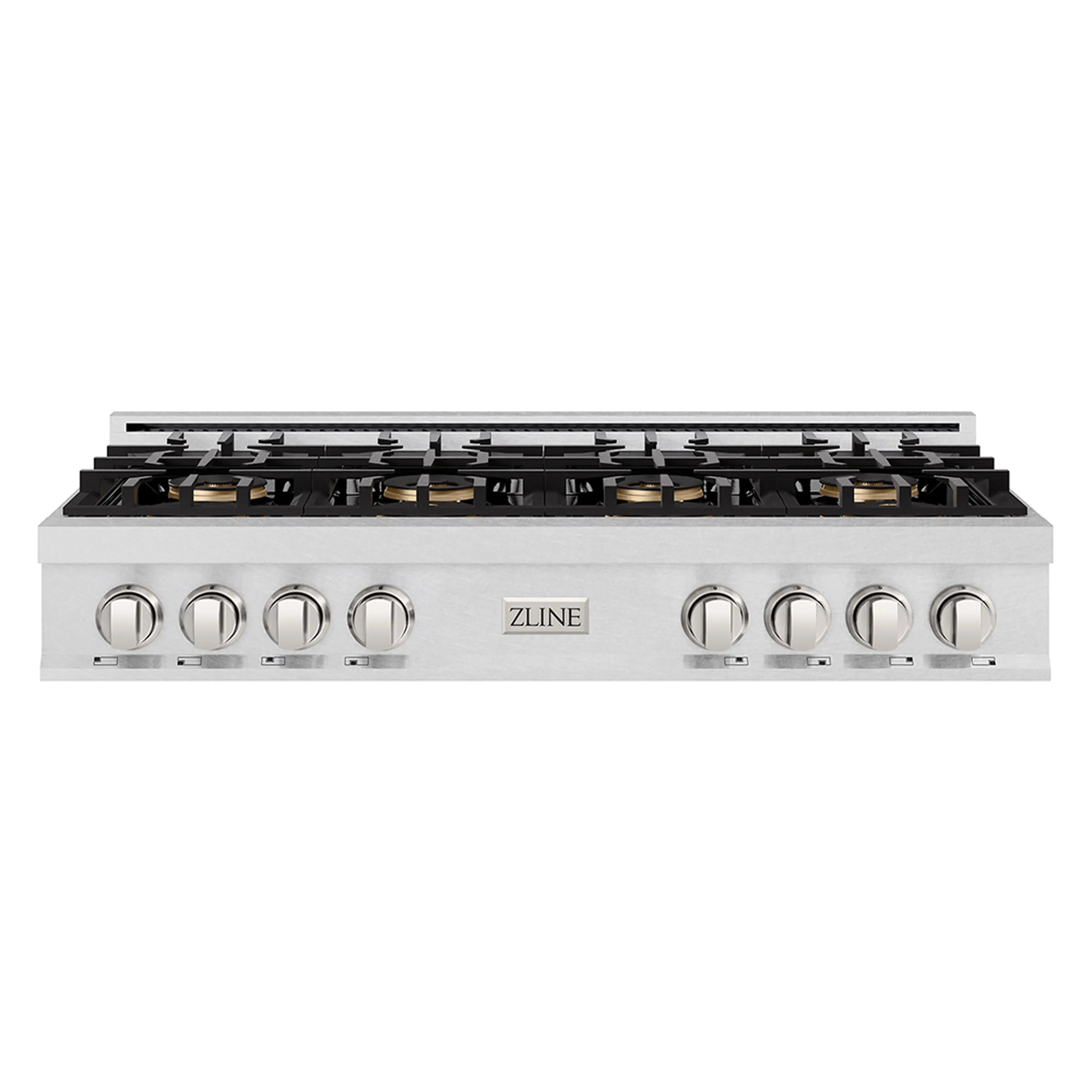 ZLINE gas rangetop front panel with control knobs and black burner grates