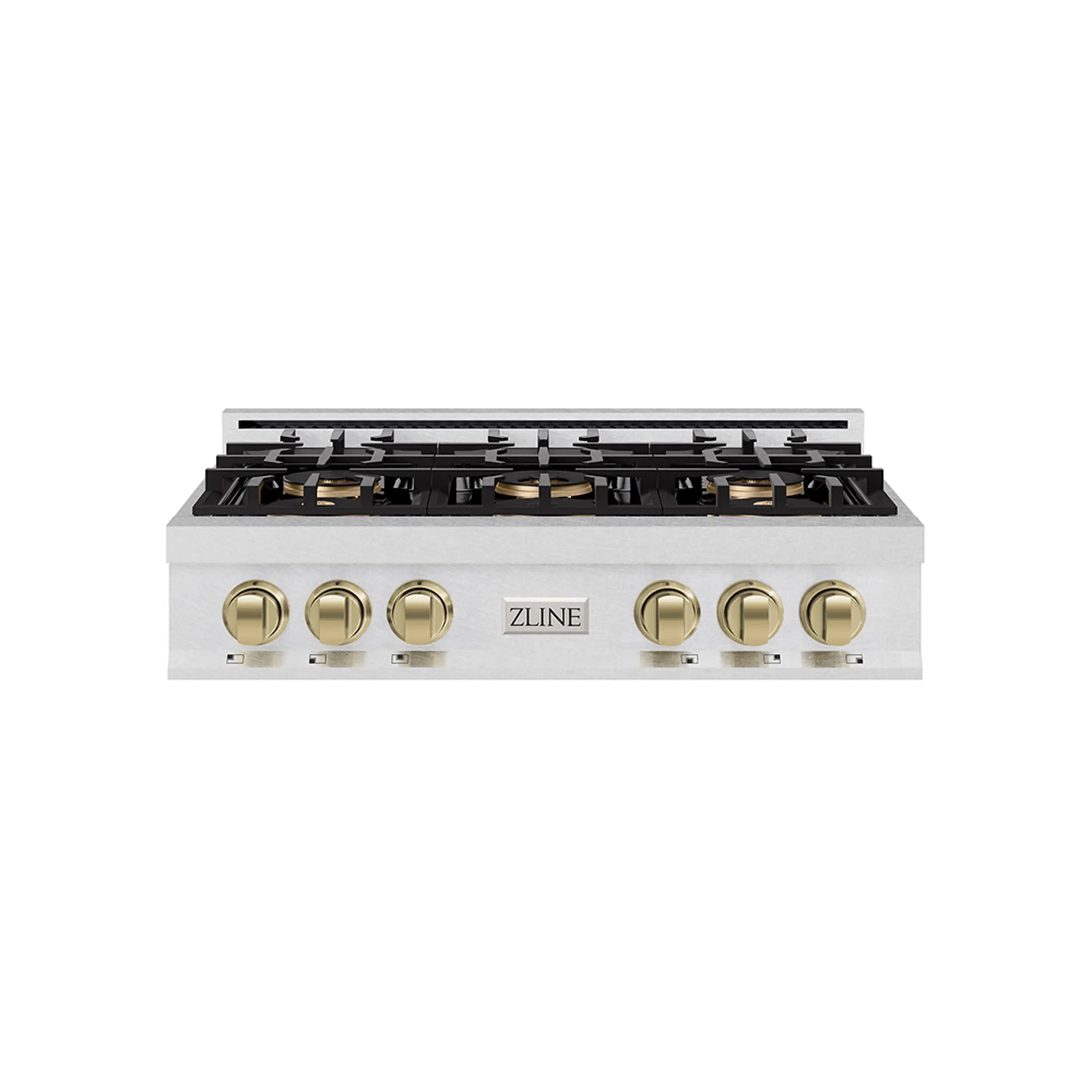 Satin stainless steel 6-burner gas rangetop with round bronze control knobs