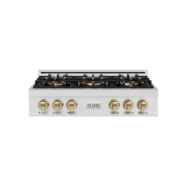 ZLINE Autograph Edition 36-Inch Classic Gas Rangetop with 6 Burner DuoPro™ Cooktop in Satin Stainless Steel and Champagne Bronze Accents (PCRTSZ-36-CB)