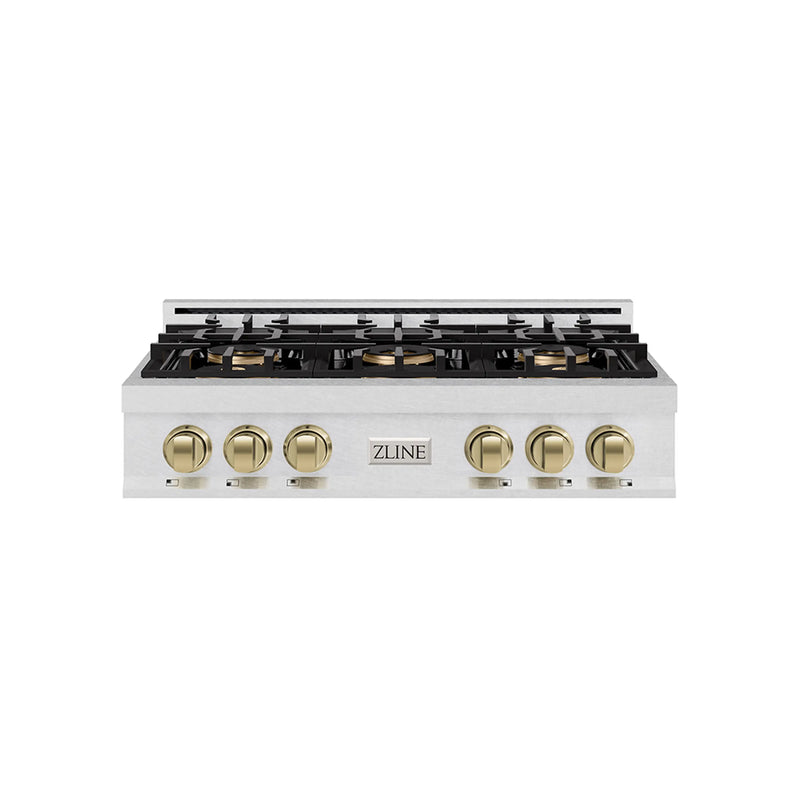 ZLINE Autograph Edition 36-Inch Classic Gas Rangetop with 6 Burner DuoPro™ Cooktop in Satin Stainless Steel and Champagne Bronze Accents (PCRTSZ-36-CB)