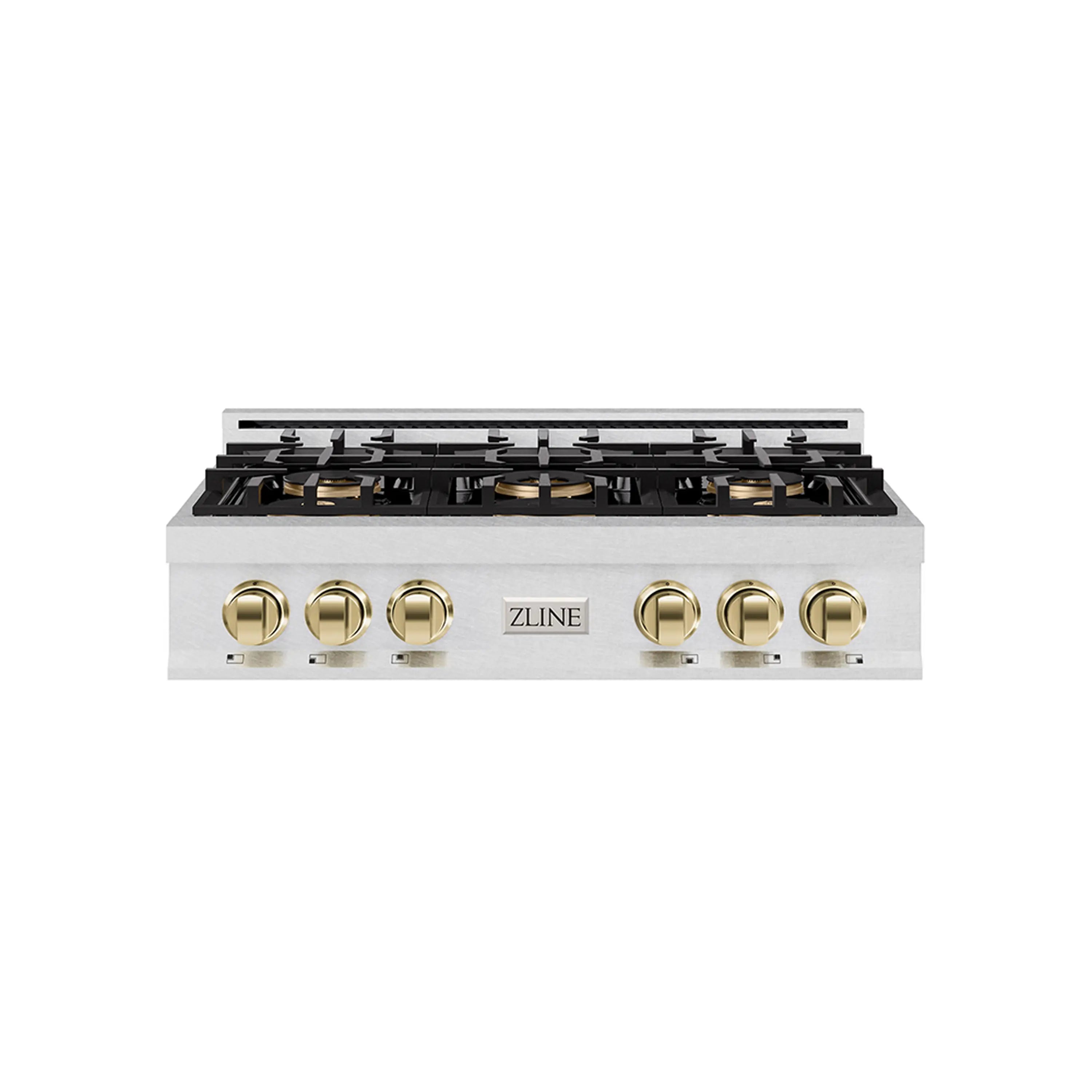 Front view of a 6-burner gas rangetop with gold control knobs and black grate tops
