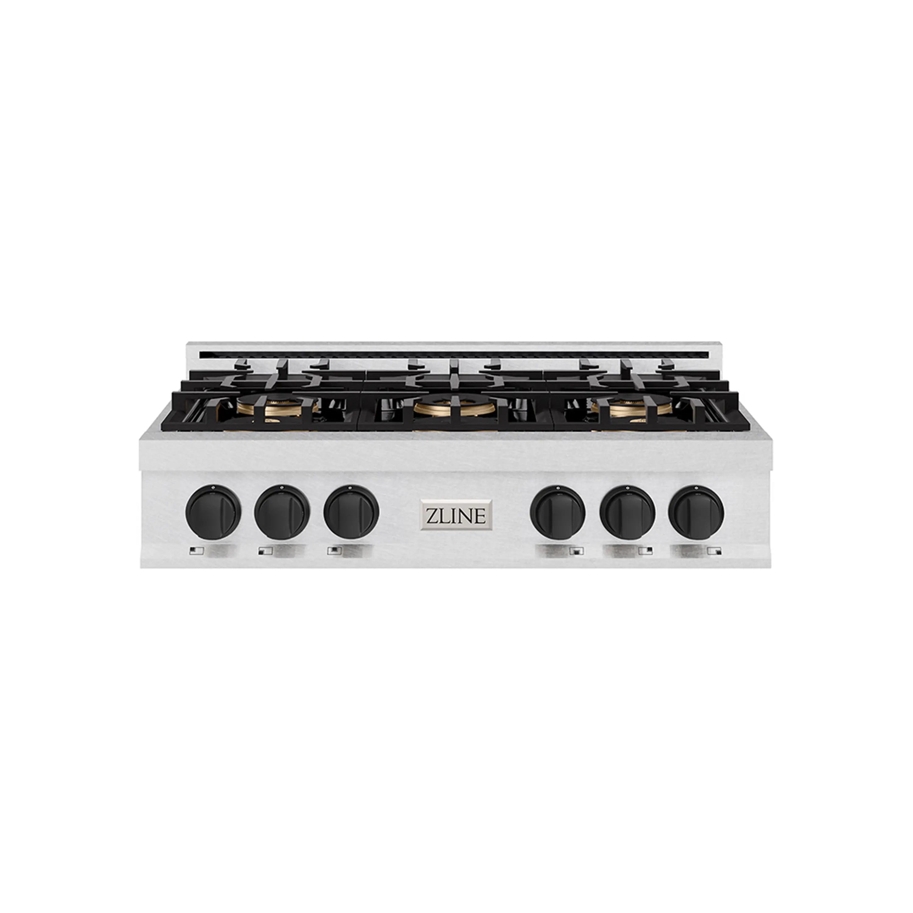 Front view of six-burner gas rangetop with black control knobs on stainless panel