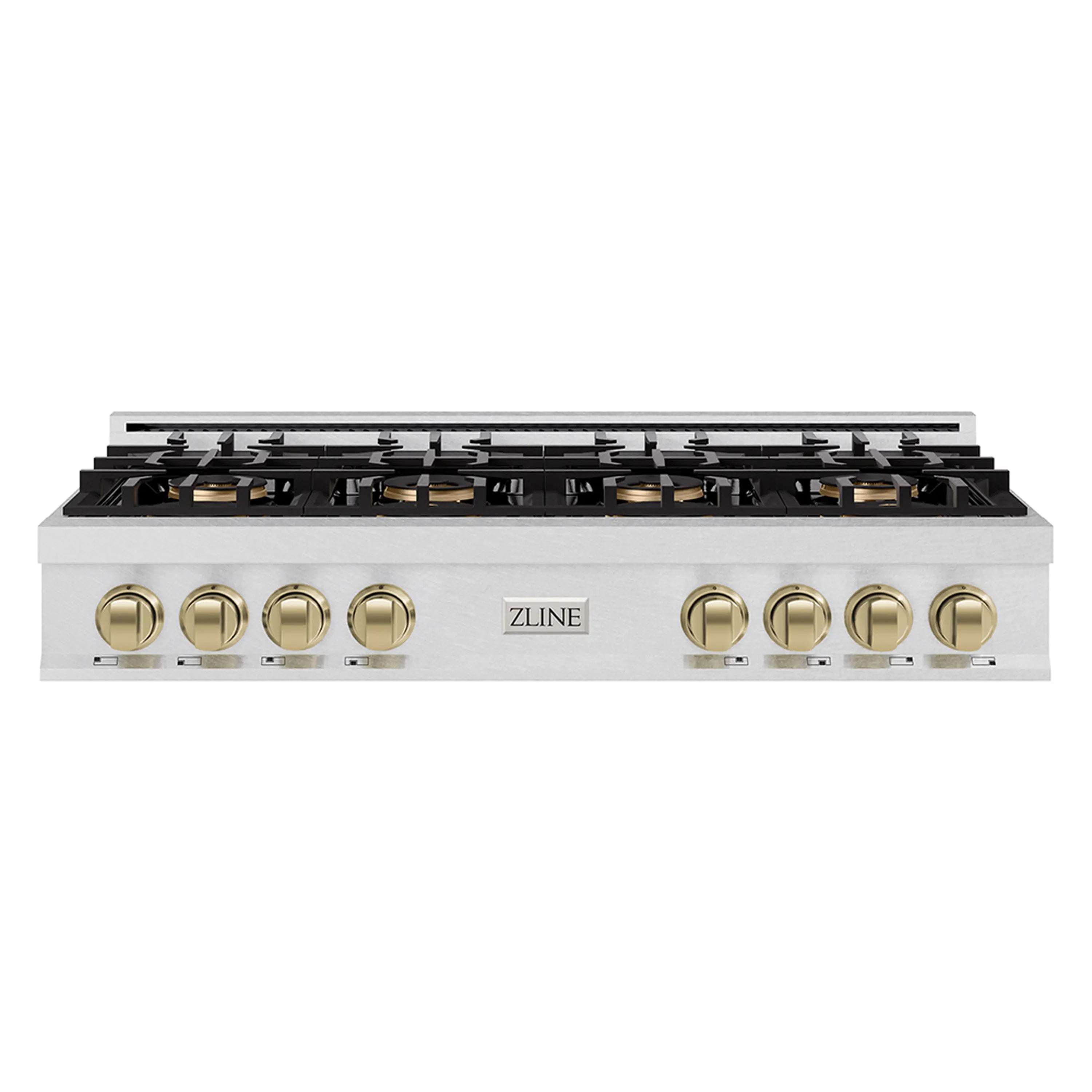 Front view of gas cooktop with 8 bronze knobs and ZLINE logo on satin stainless