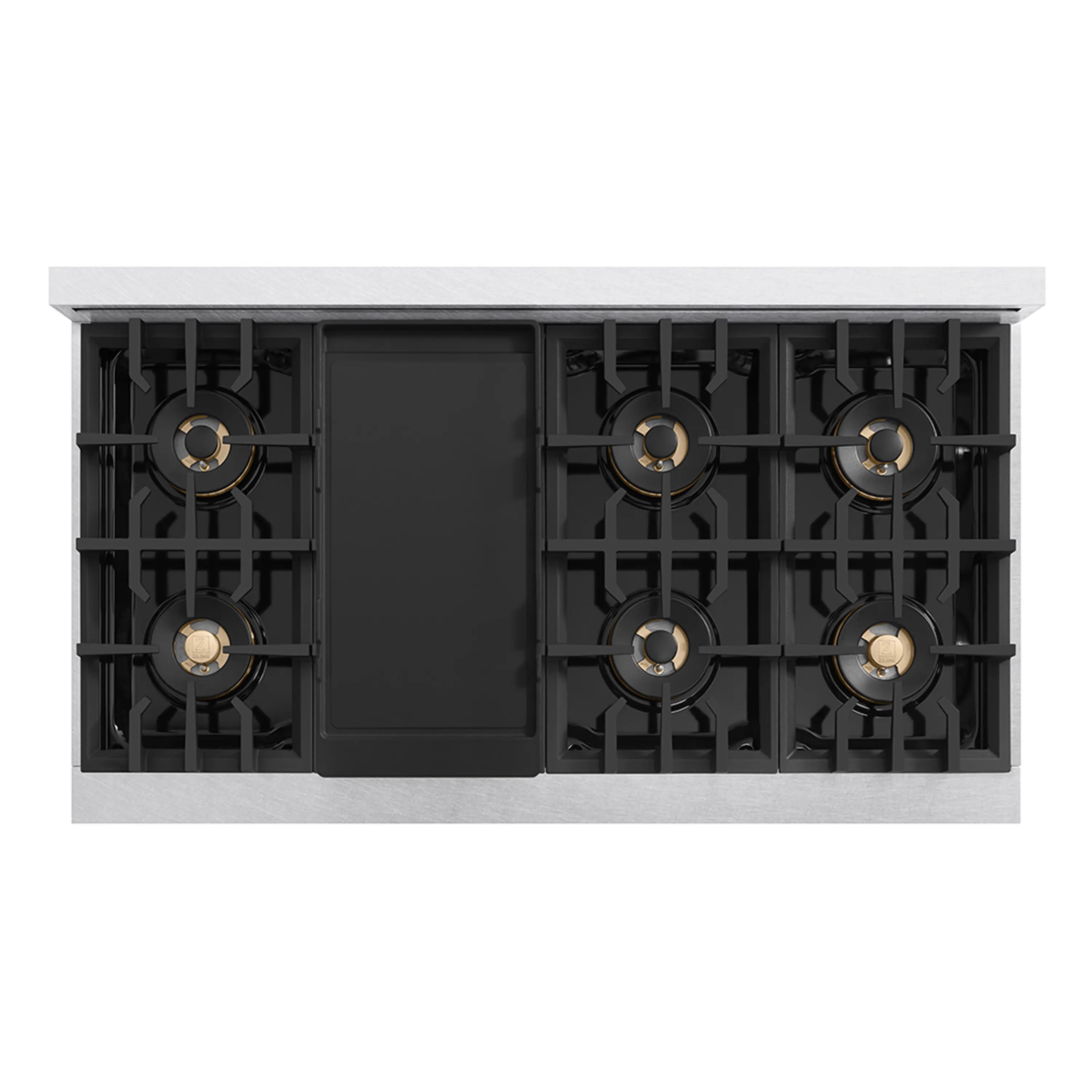 Satin stainless gas rangetop with eight burners, black grates, and front control panel.