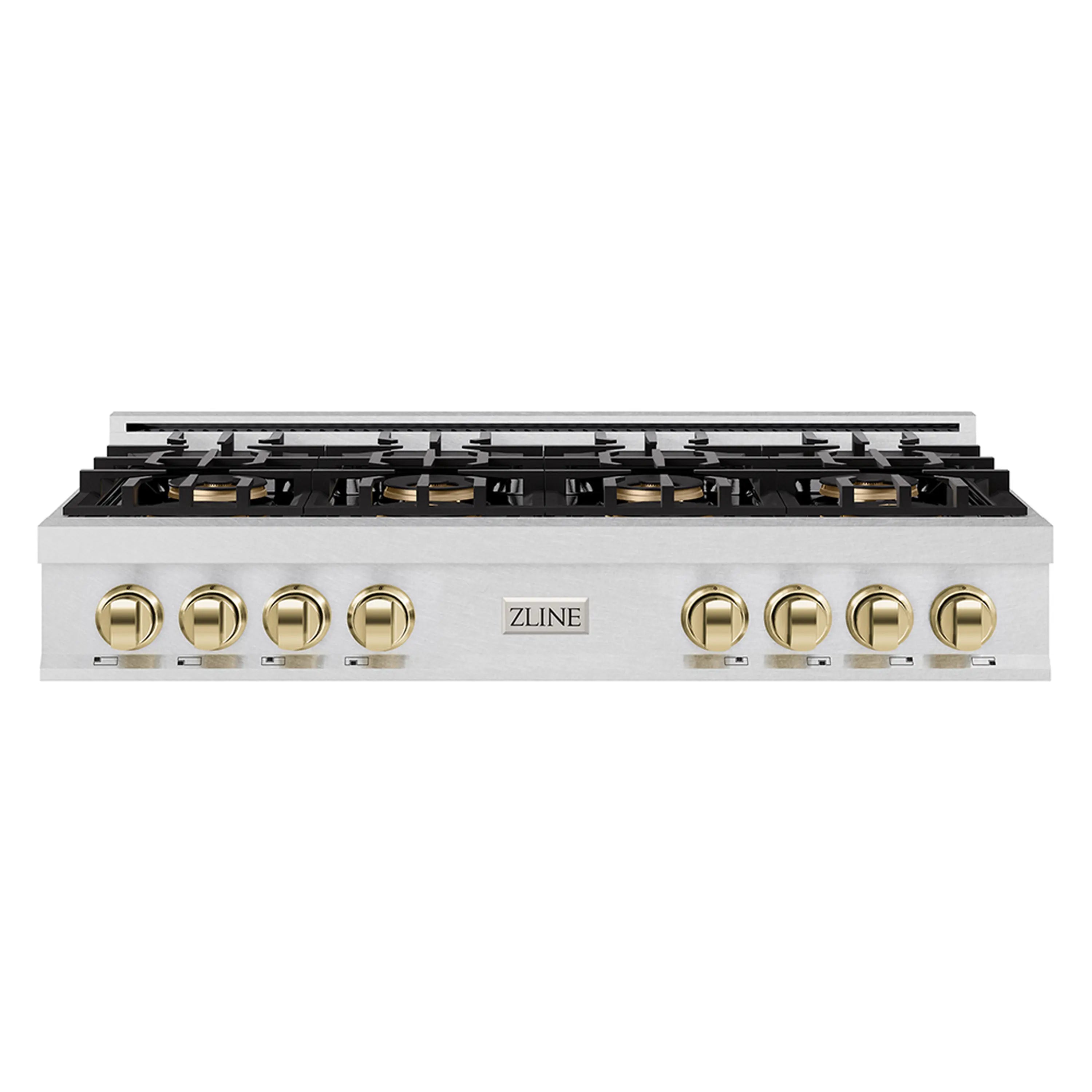 Stainless gas rangetop with eight gold control knobs and black grate burner layout