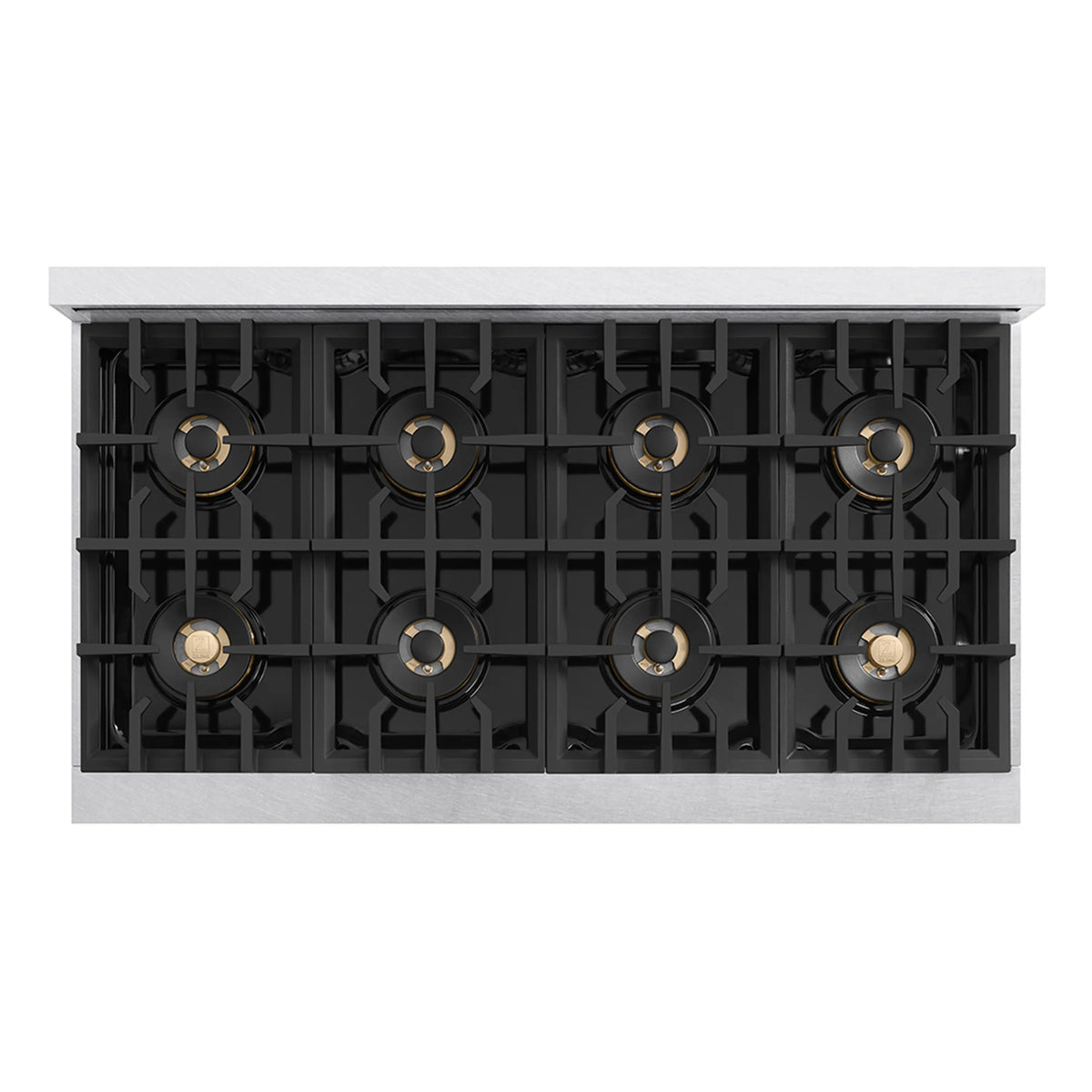 Open gas rangetop with eight burner positions and black grate interior