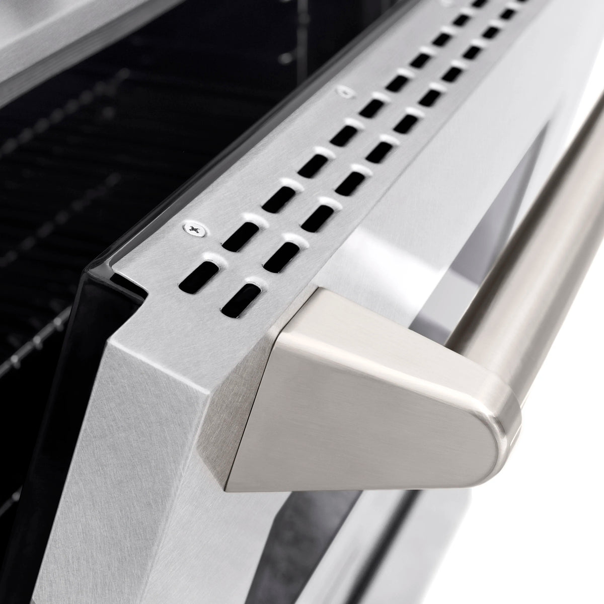 Satin stainless steel oven vent with row of grille openings