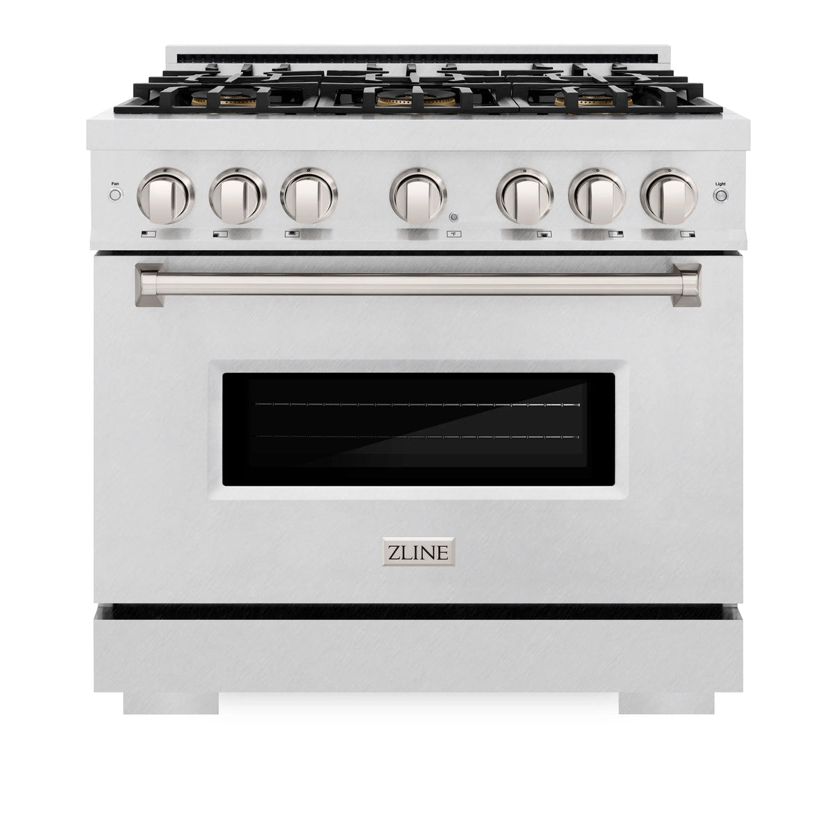 Satin stainless freestanding range with 6-burner cooktop, oven window, and control knobs