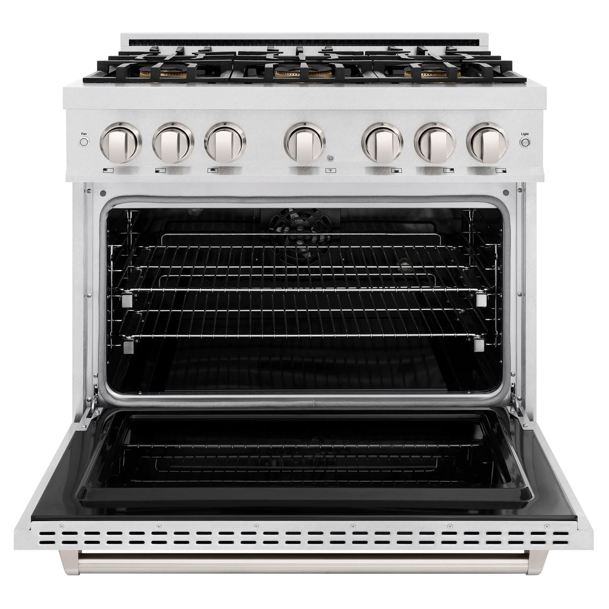 Satin stainless dual fuel range with open electric convection oven and 6 burner knobs