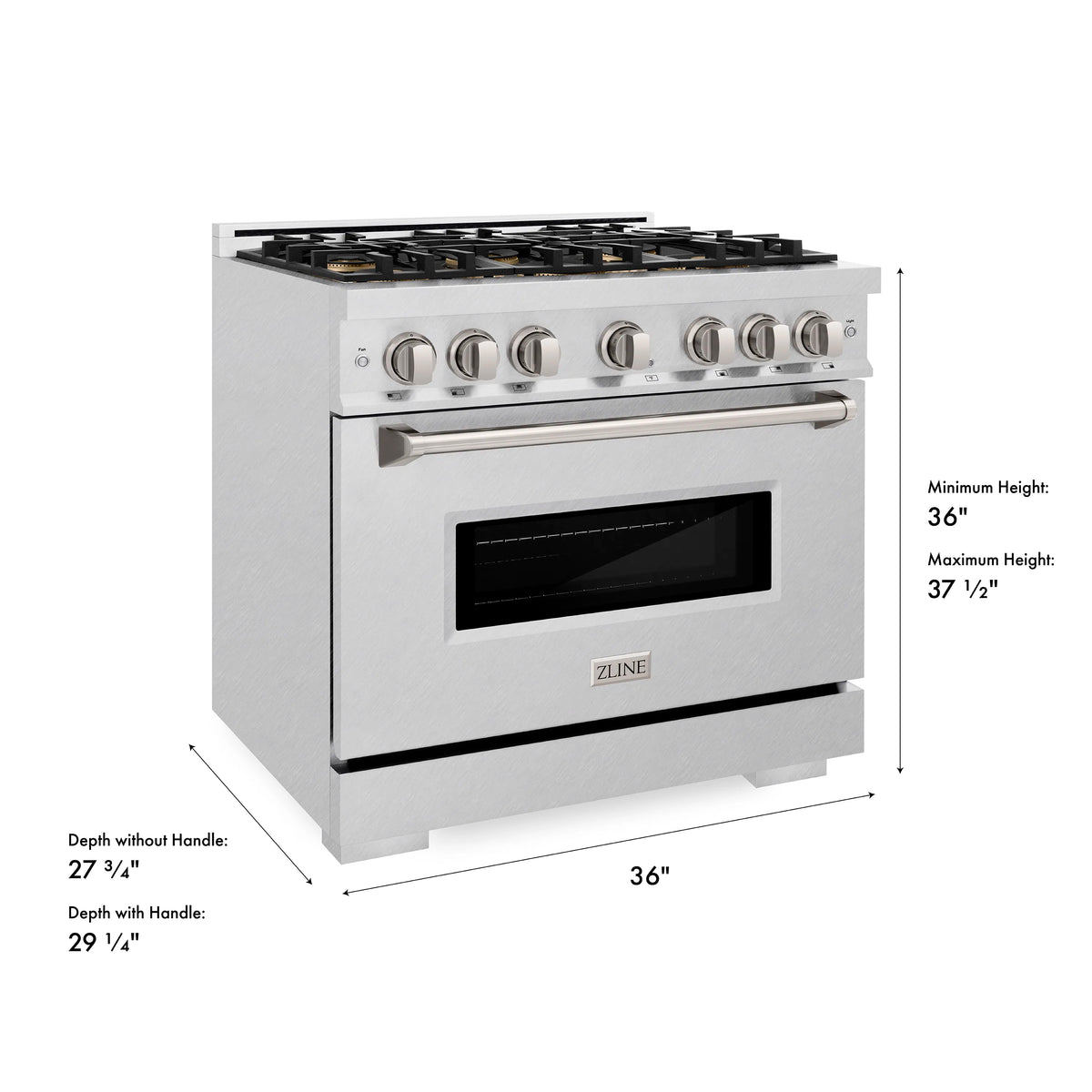 Satin stainless dual fuel range with 6-burner cooktop and oven door window