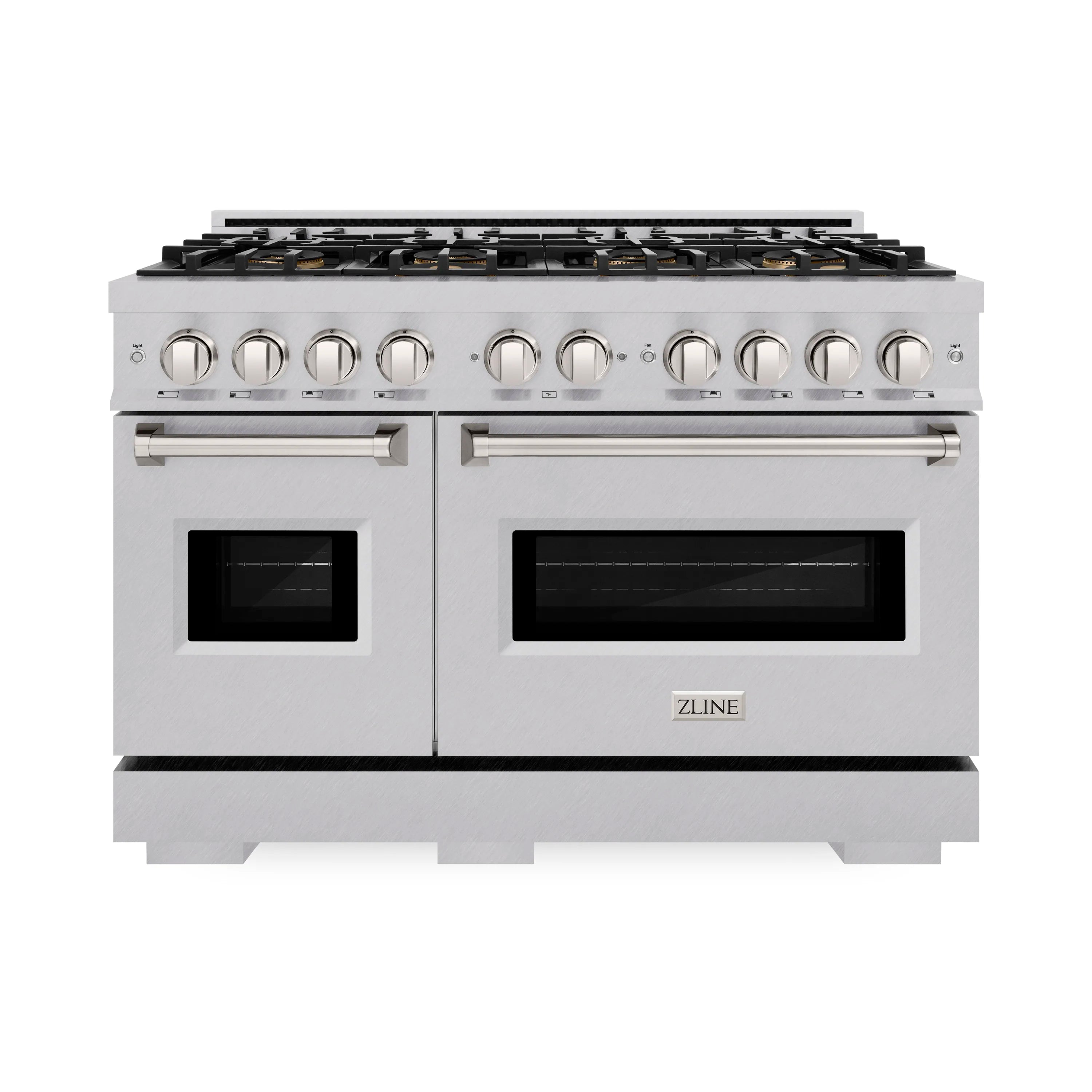 ZLINE 48-inch dual fuel range with dual ovens and satin stainless front