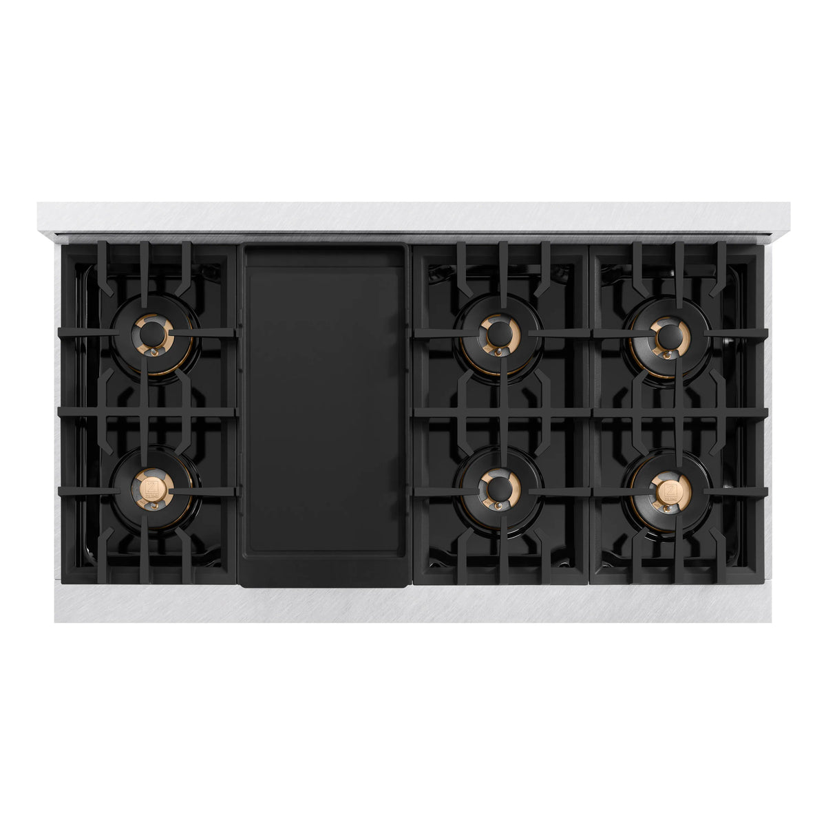 Dual fuel range cooktop with 8 burners and a centered black griddle panel