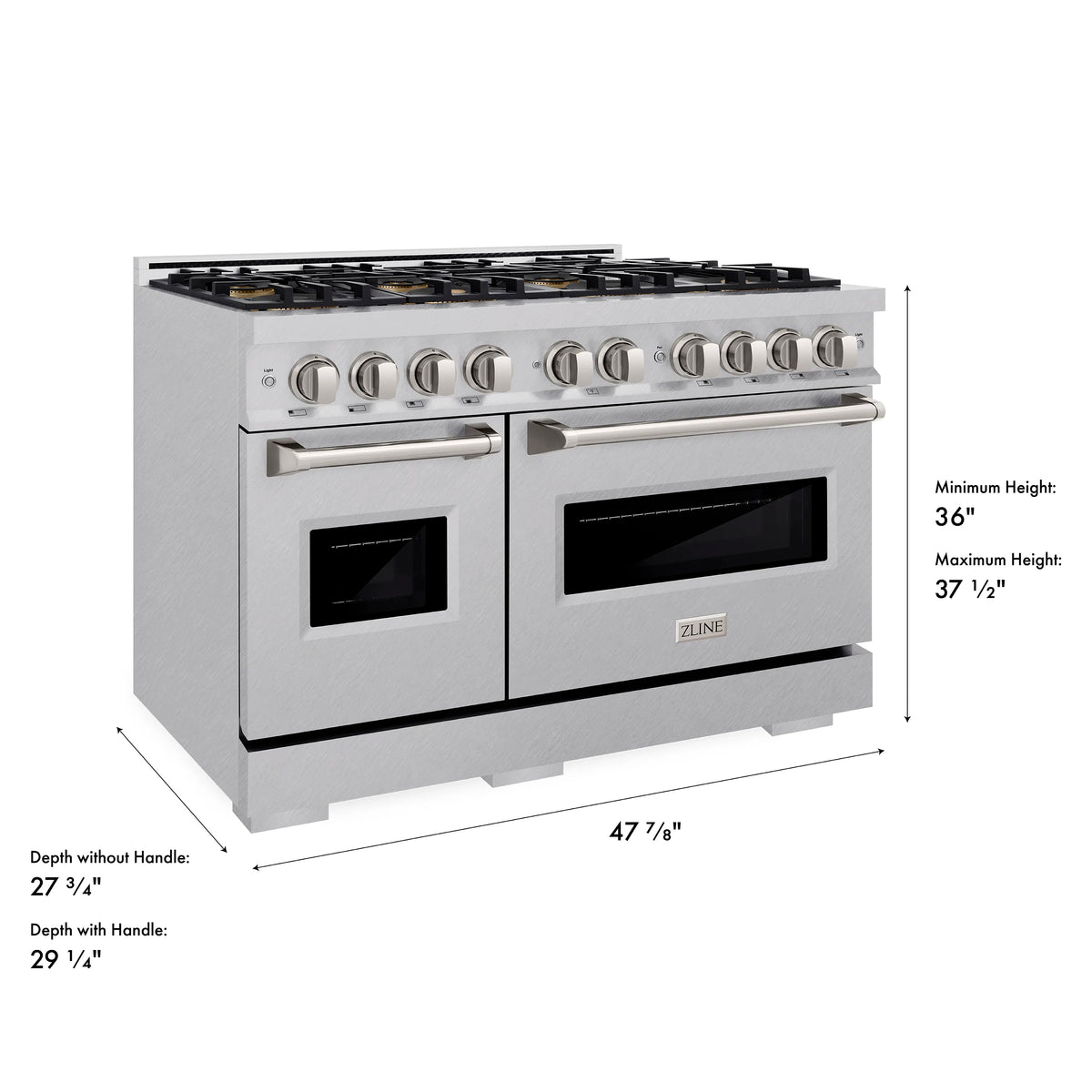 Satin stainless dual fuel range with dual ovens, control knobs, and 8-burner cooktop
