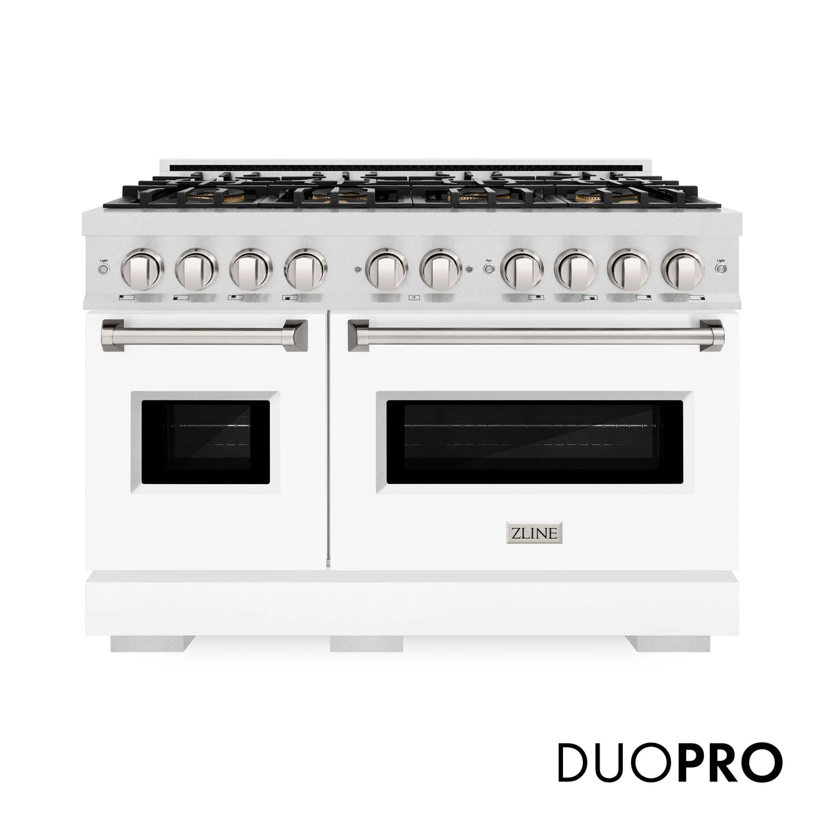 ZLINE dual fuel range in satin stainless with white base, dual ovens and 8-burner cooktop