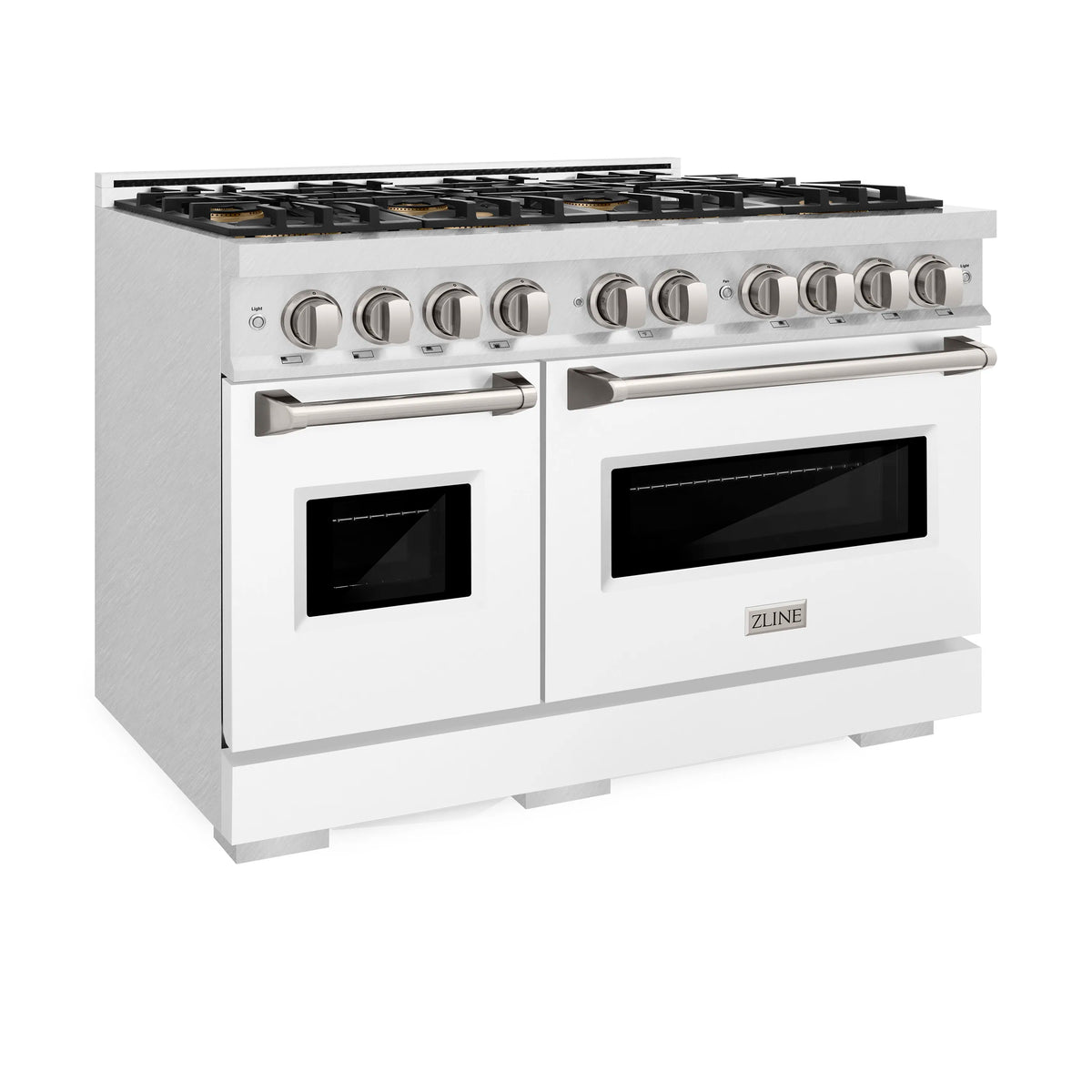 ZLINE dual fuel range with 8-burner cooktop and dual oven doors in white body