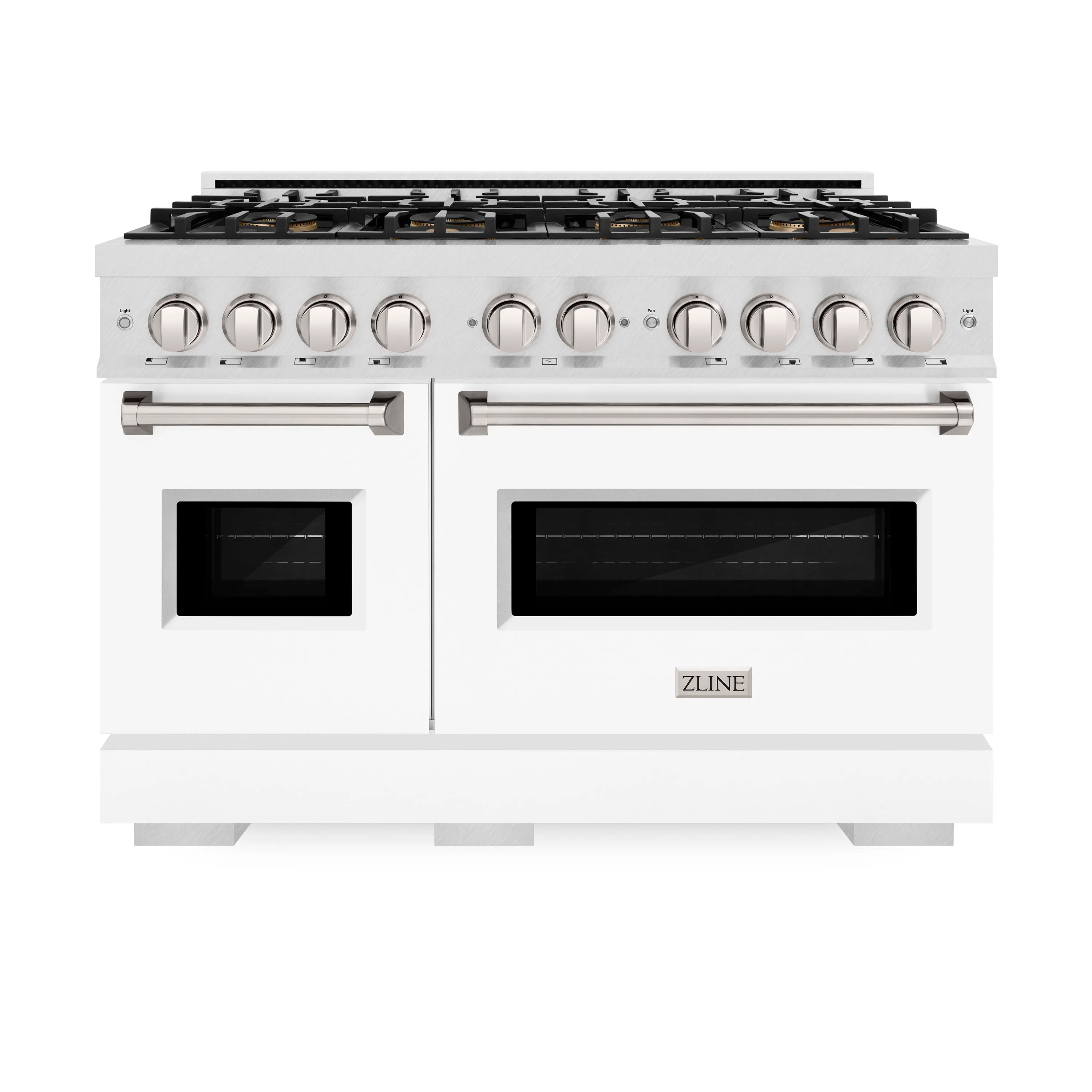 ZLINE dual fuel range front view with 8-burner cooktop, control knobs, and dual ovens
