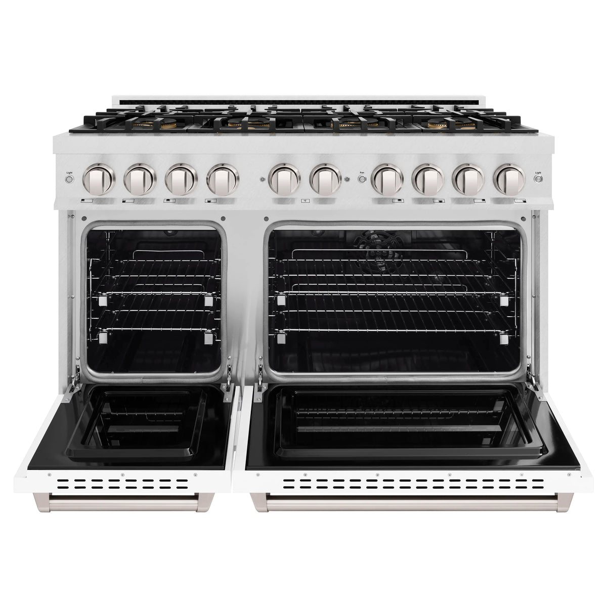 ZLINE dual fuel range with both oven doors open, showing baking racks inside