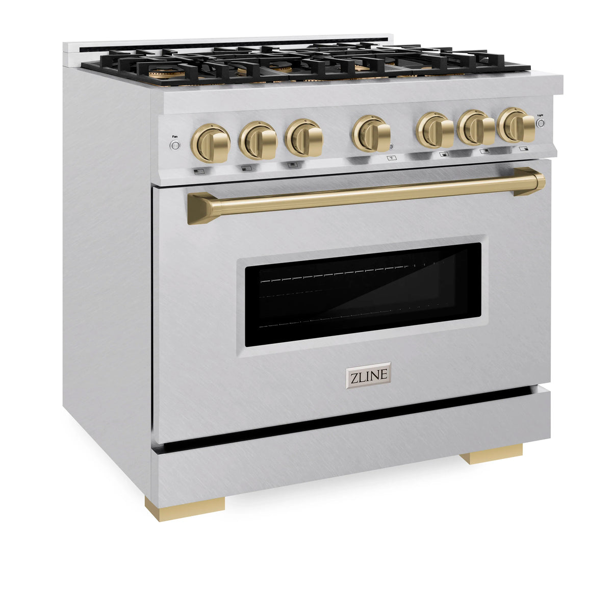 Satin stainless dual fuel range with gold control knobs, brass handle, and black oven window
