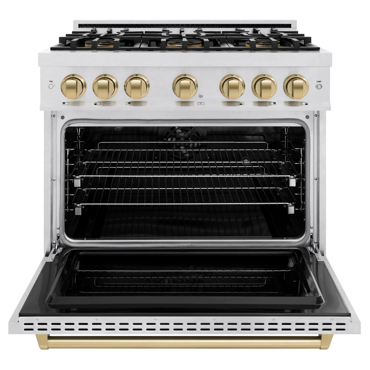 Dual fuel range with open oven door showing racks and black bake chamber
