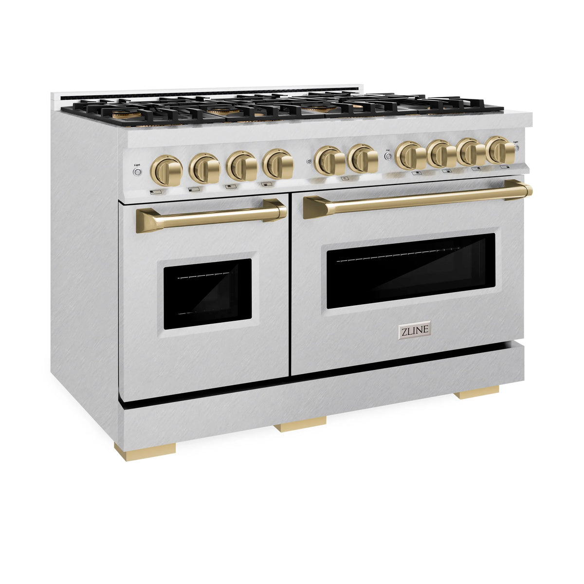Satin stainless dual fuel range angled view with champagne bronze handles and two ovens