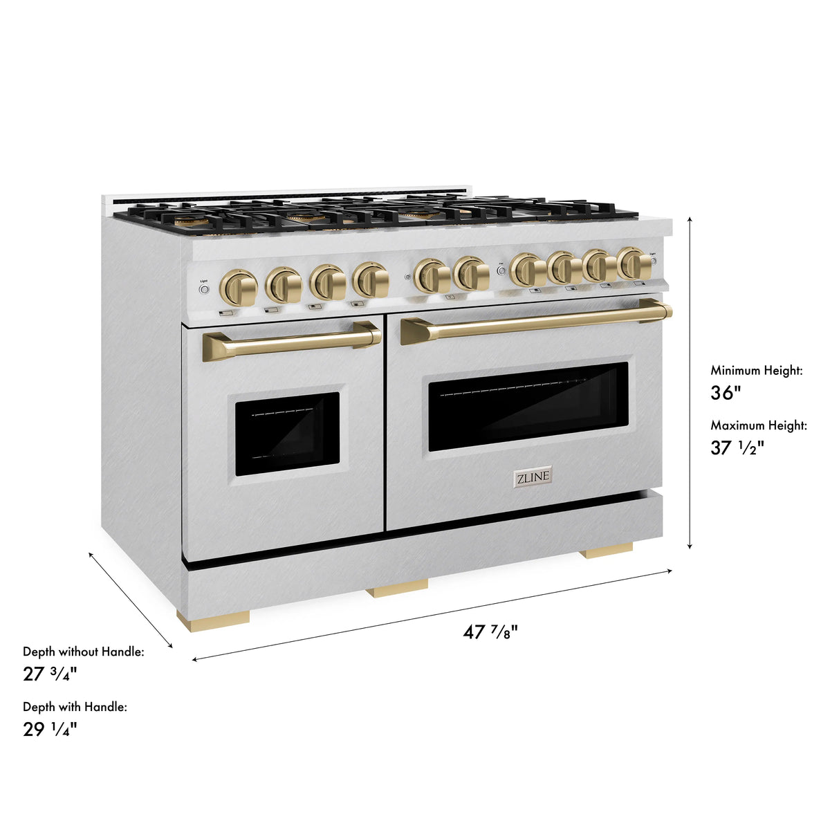 Dual fuel range dimensions diagram: satin stainless body with bronze handles and two ovens