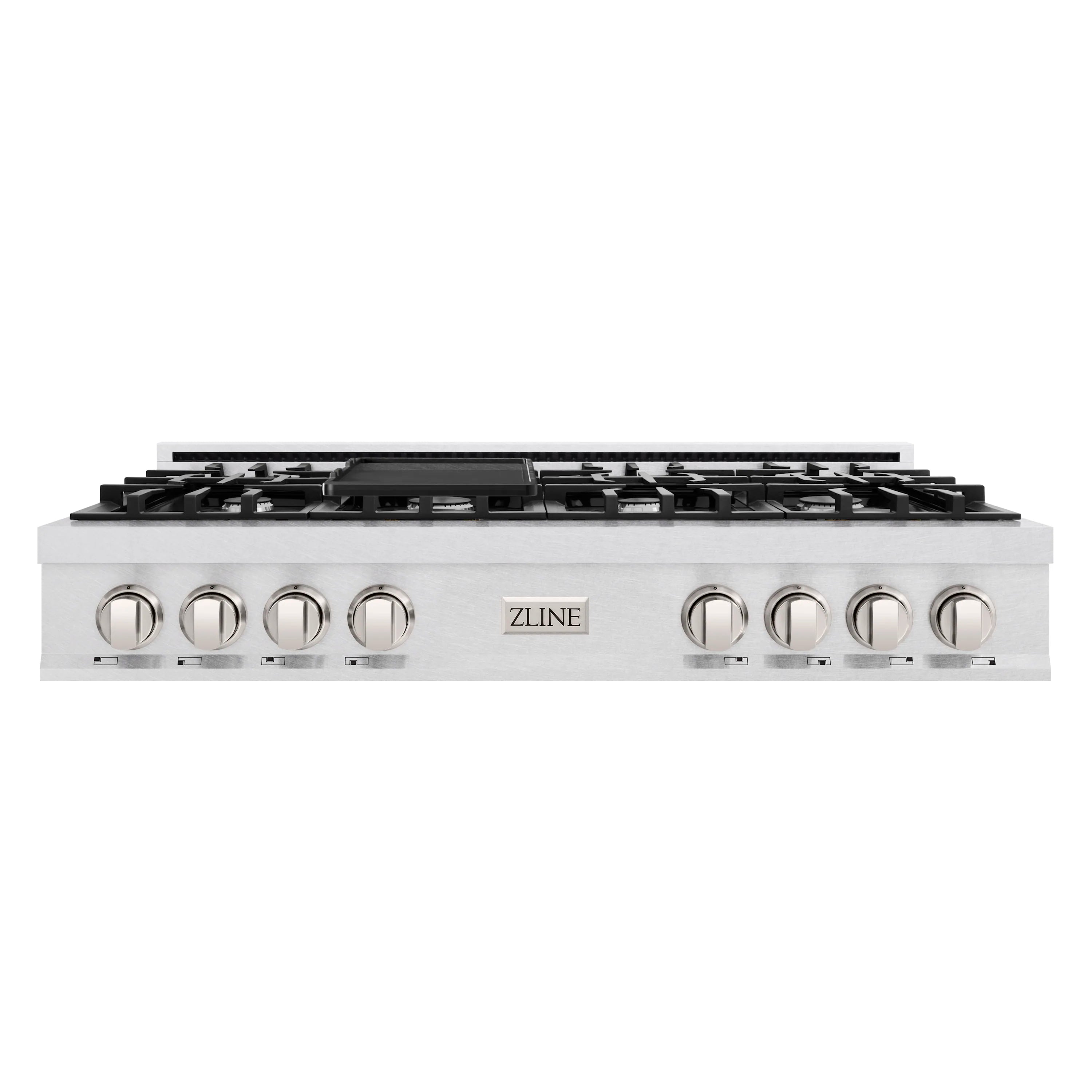 Stainless steel 7-burner gas stovetop with black grates and round control knobs