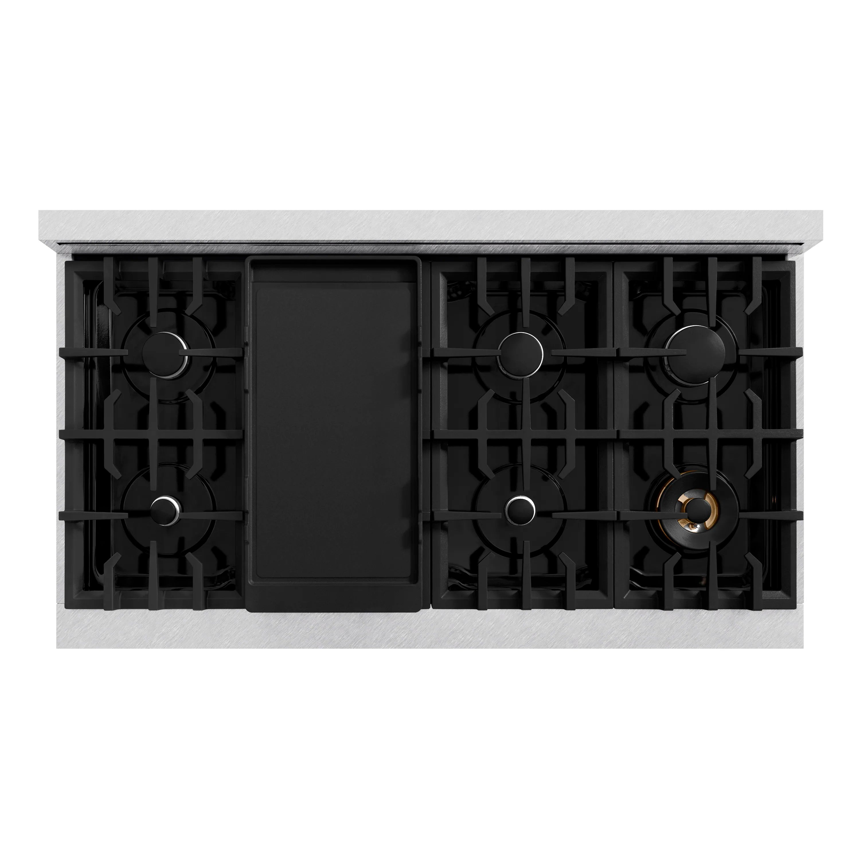 Gas stovetop with multiple burners and a rectangular black griddle insert