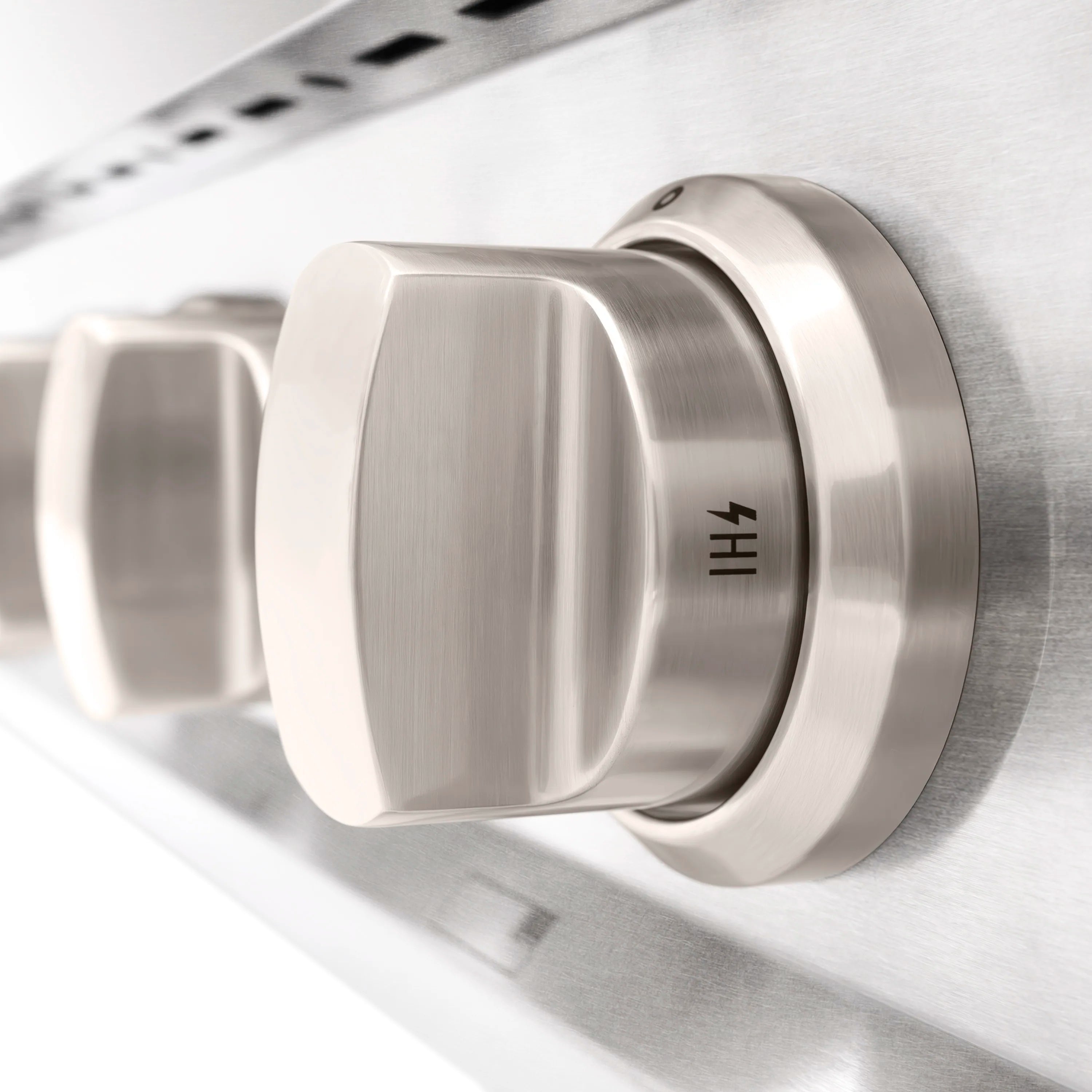 Stainless steel gas cooktop control knob with "HI" marking