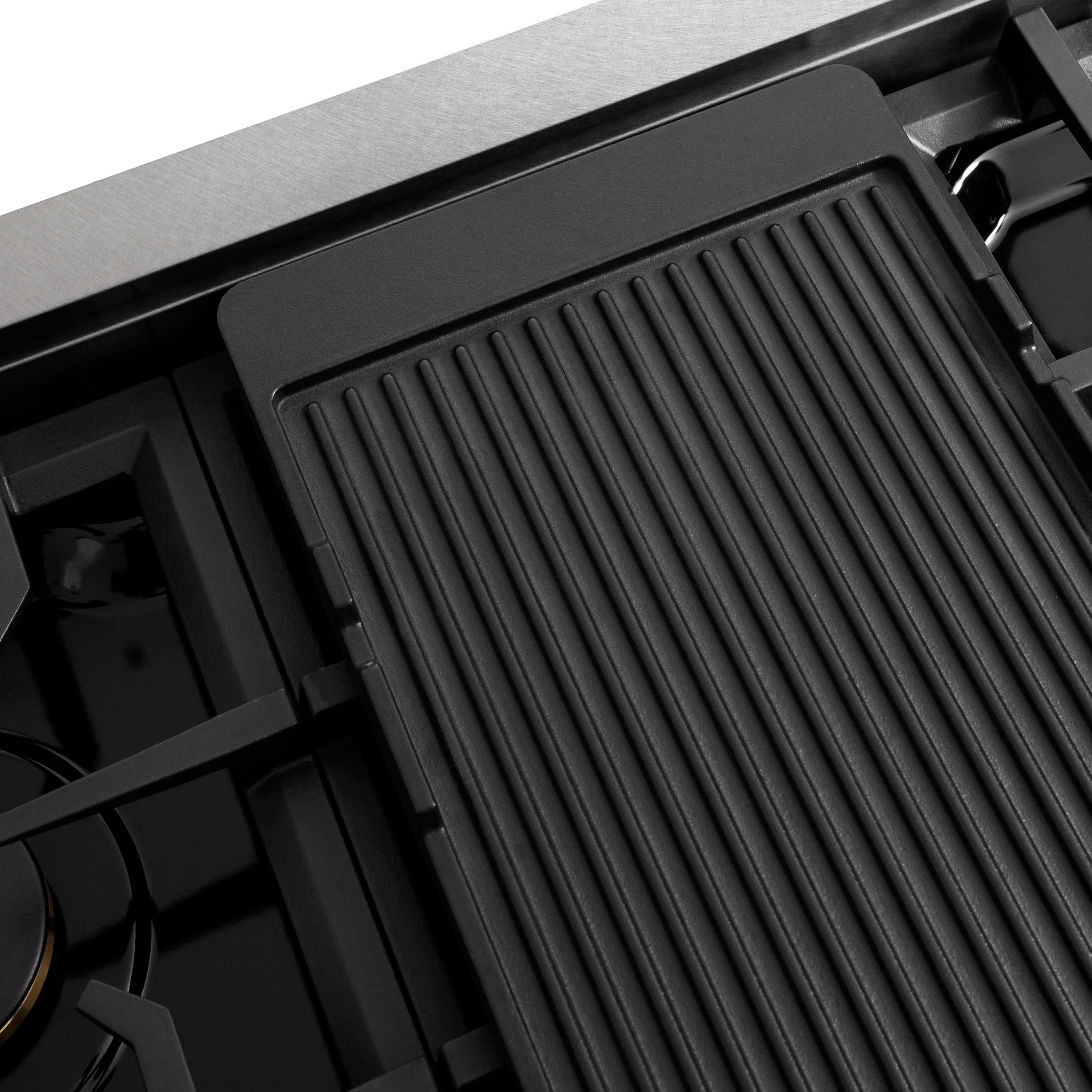 Black griddle insert with ridged cooking surface and raised rectangular frame