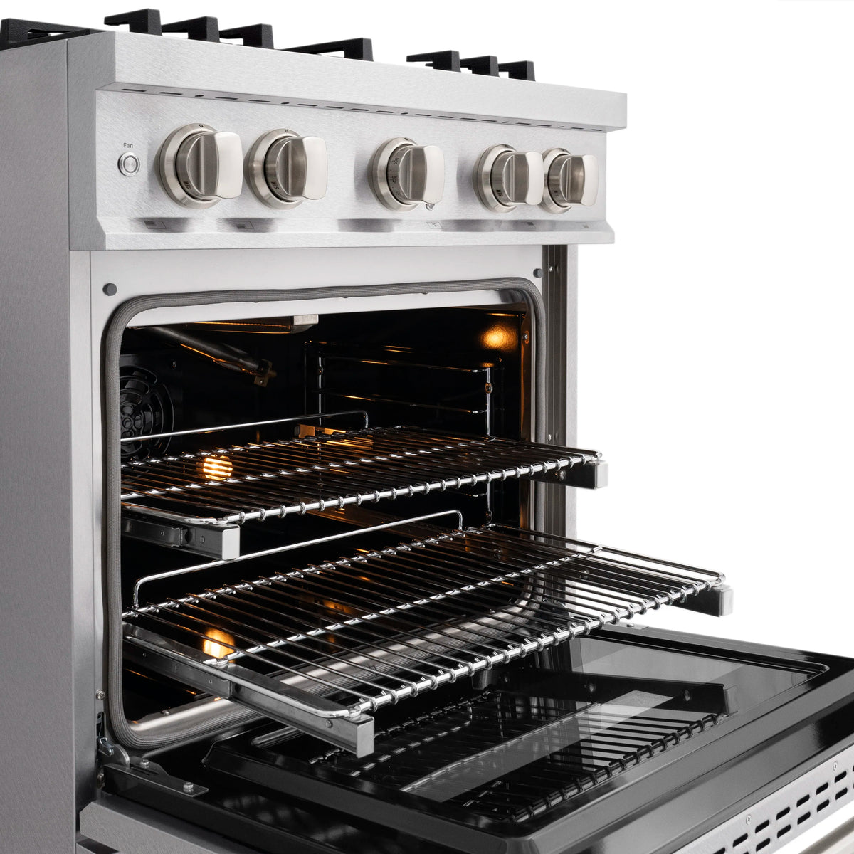 Gas oven with open door, convection racks, and glowing heating elements inside