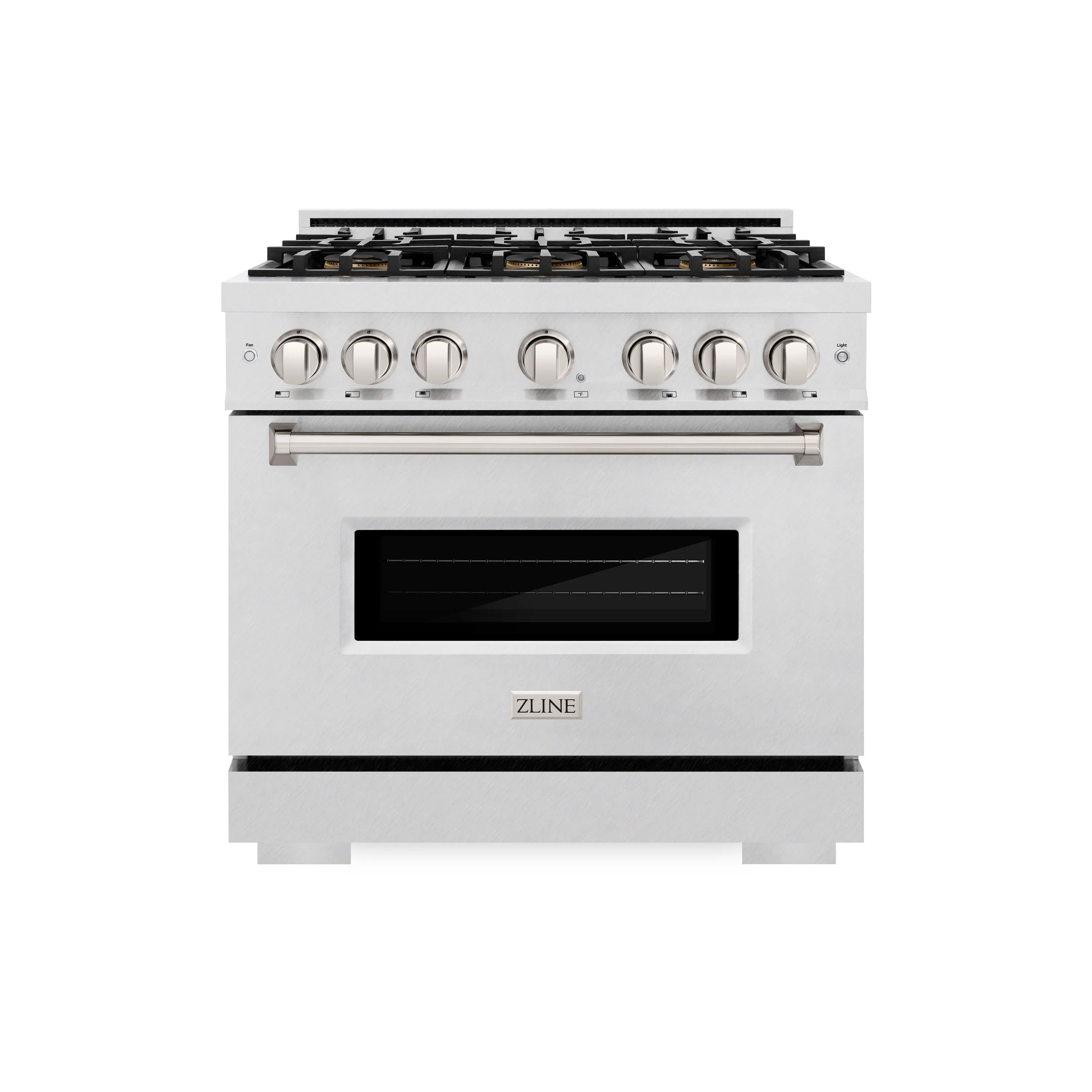 Satin stainless steel gas range front with six-burner cooktop and oven door window