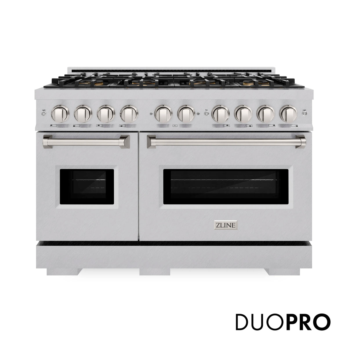 ZLINE satin stainless gas range with 8 burners, dual ovens, and control knobs