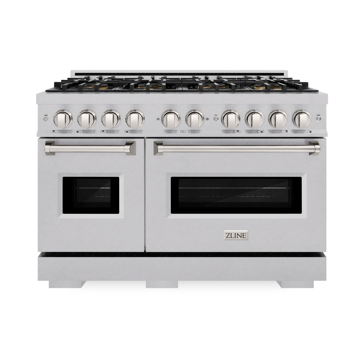 Stainless steel gas range with 8 burners and dual ovens, satin finish, front control knobs