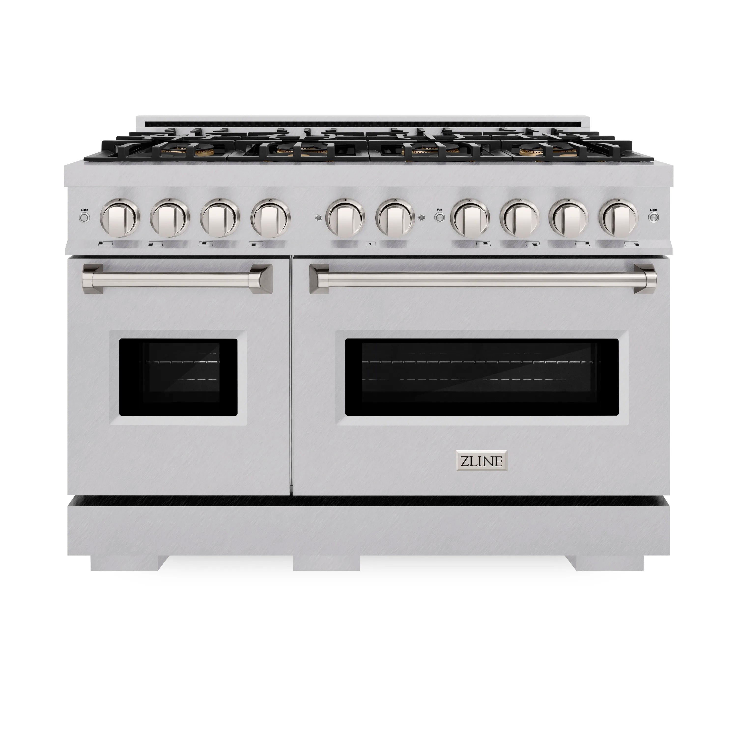 ZLINE satin stainless gas range with 8 burners and dual oven doors