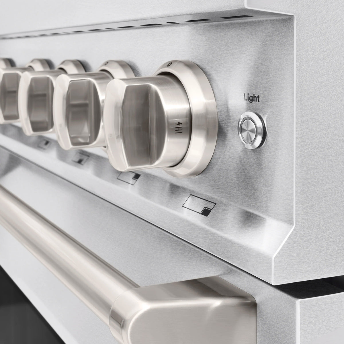 Gas range control panel knobs with light label and indicator markings