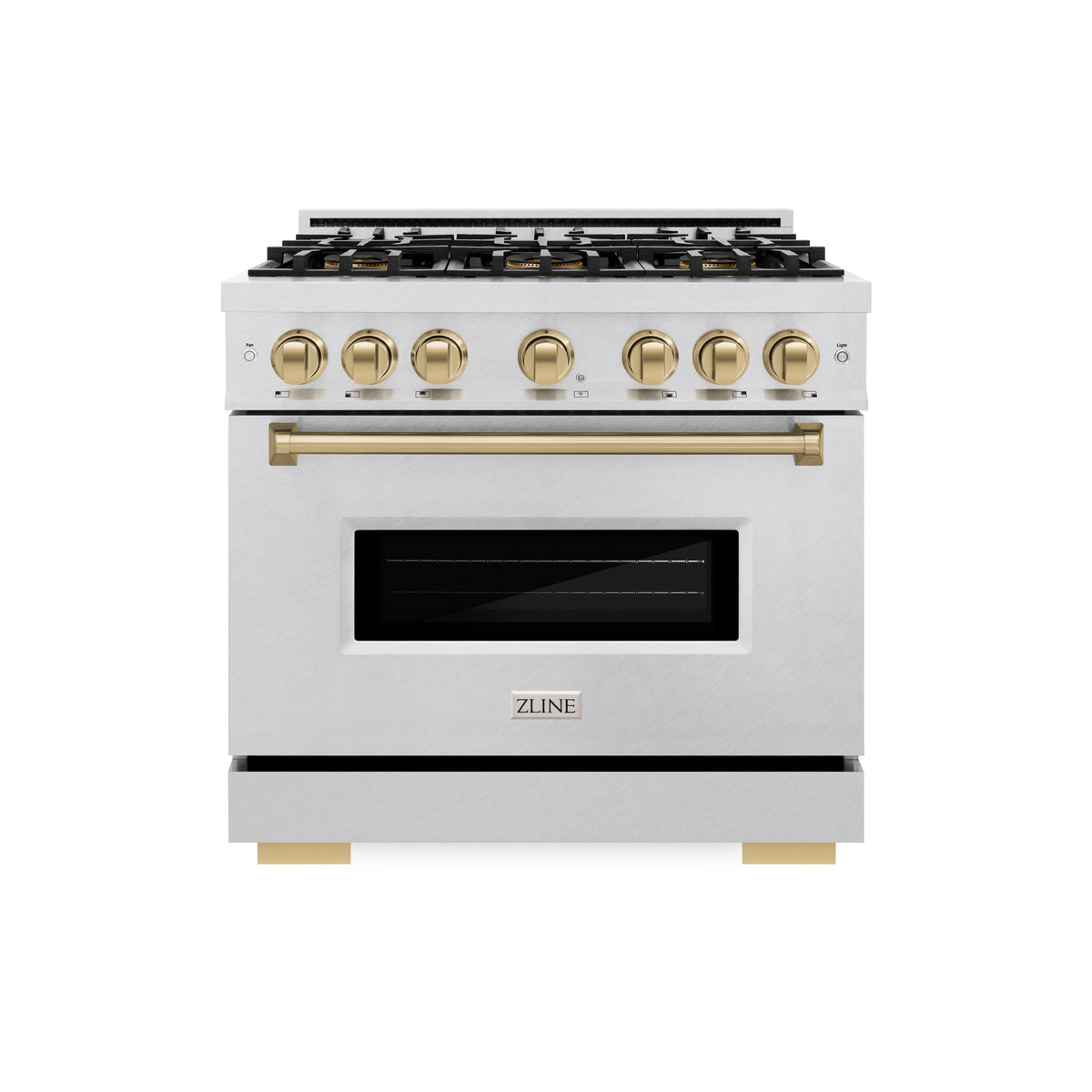 Satin stainless steel gas range with gold knobs and convection oven door