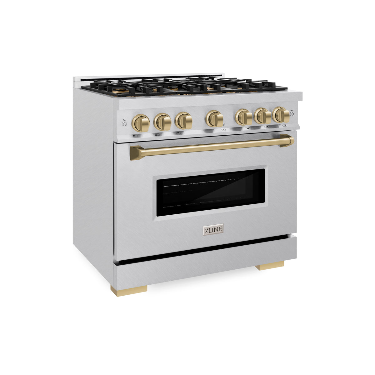 3/4 view of satin steel gas range with bronze handle, knobs, and black oven window
