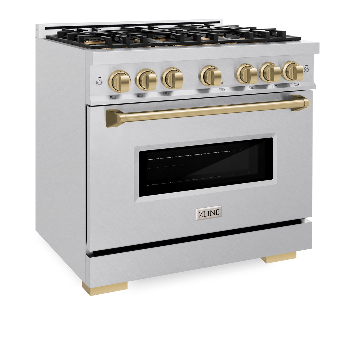 Satin steel gas range front corner with bronze knobs, handle, and black oven window